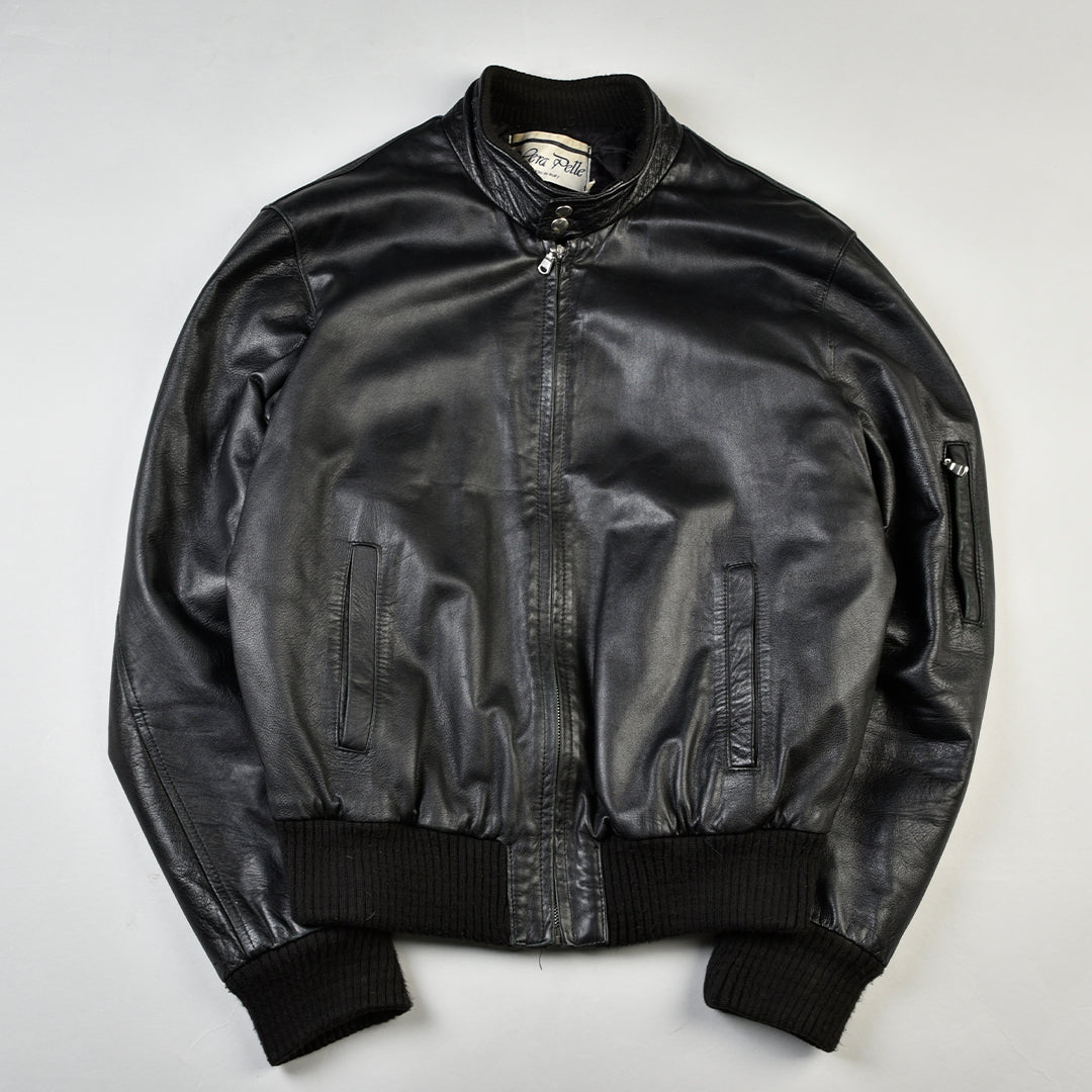 VINTAGE LEATHER BOMBER JACKET BLACK MADE IN ITALY - L/XL