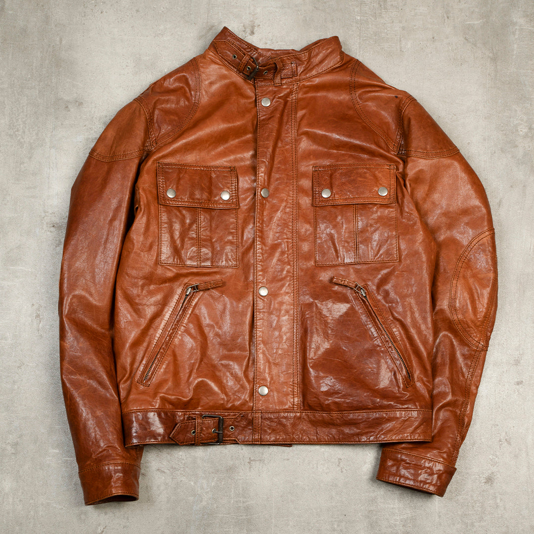 VINTAGE LEATHER BIKER JACKET BROWN - M/L