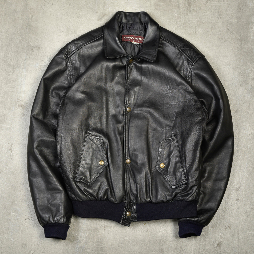 LEATHER BOMBER JACKET BLACK -  LARGE