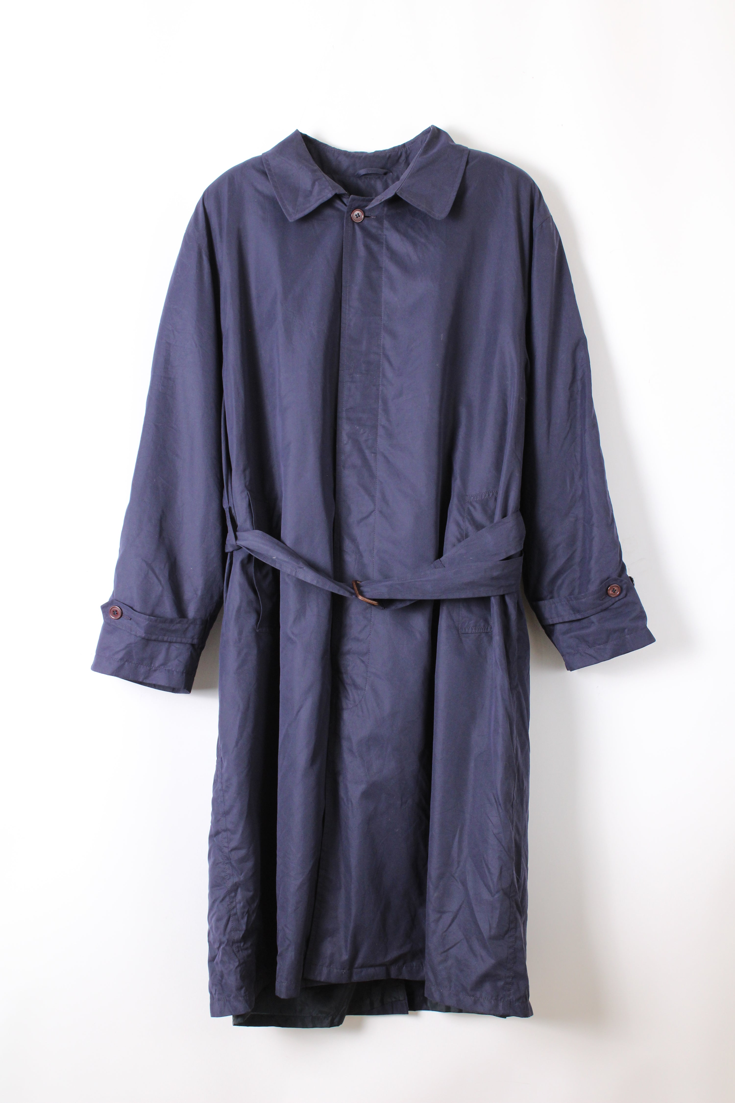 LL BEAN VINTAGE TRENCH COAT BLUE WOOL LINING - L