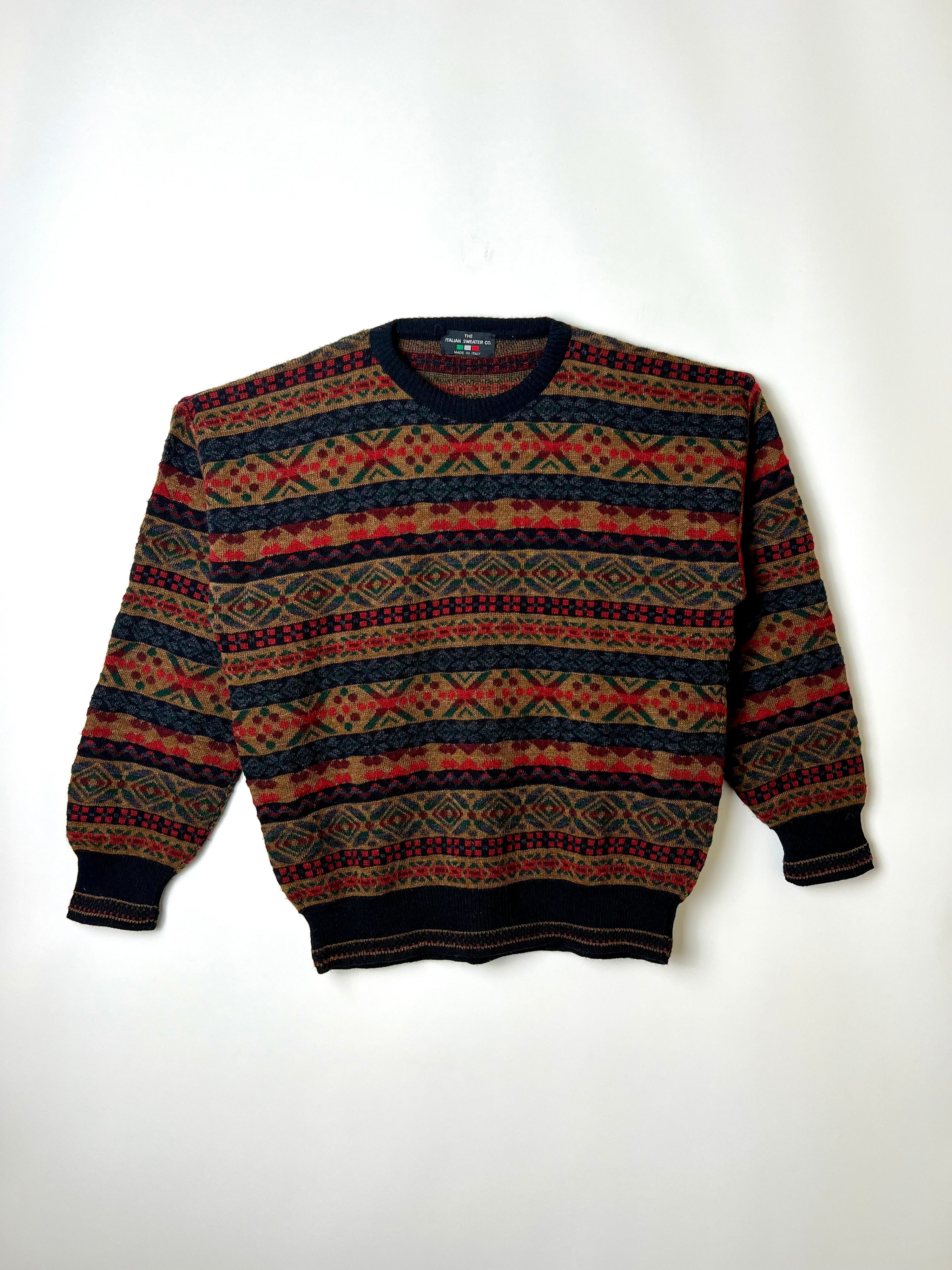 VINTAGE SWEATER COSBY PATTERN WOOL CRAZY KNIT MADE IN ITALY - M