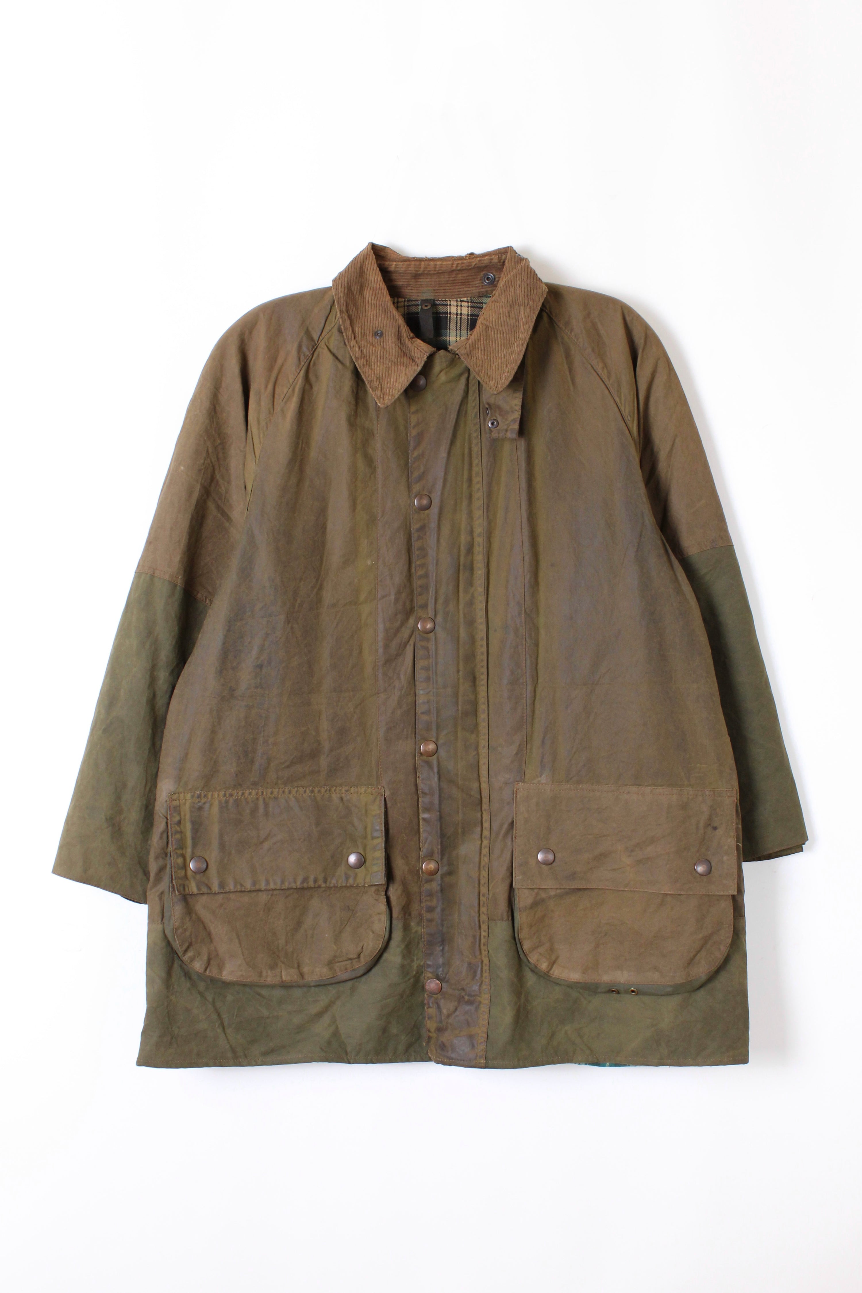 BARBOUR GAMEFAIR 2 CREST VINTAGE 1970S WAXED JACKET GREEN - M/L