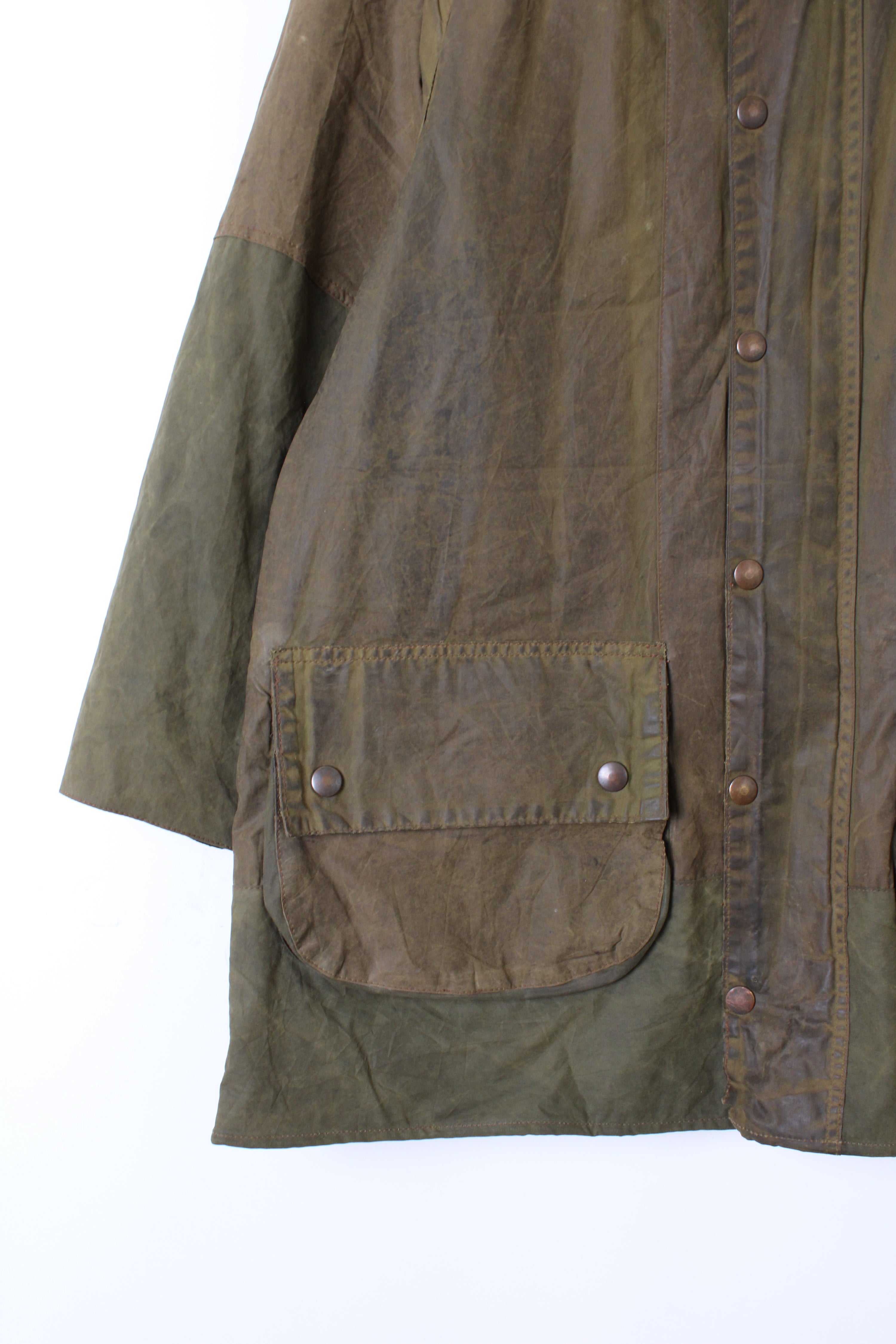 BARBOUR GAMEFAIR 2 CREST VINTAGE 1970S WAXED JACKET GREEN - M/L