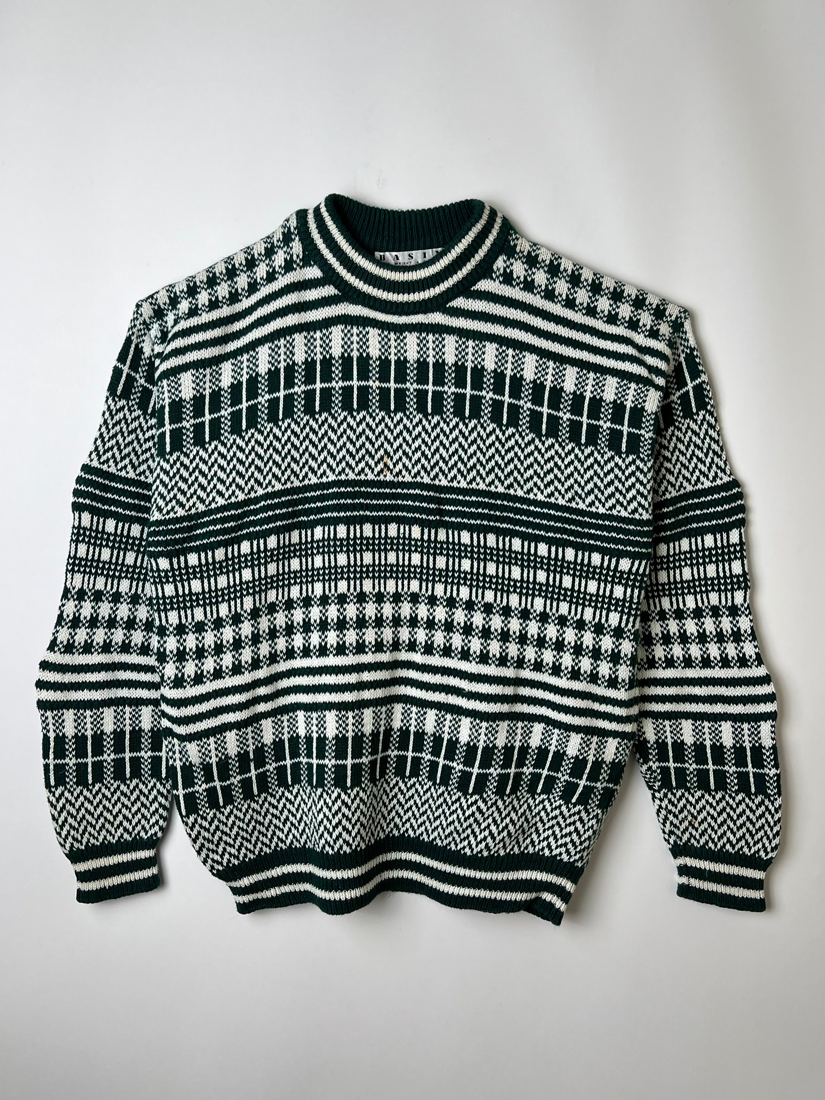 VINTAGE SWEATER COSBY PATTERN CRAZYKNIT WHITE GREEN - M