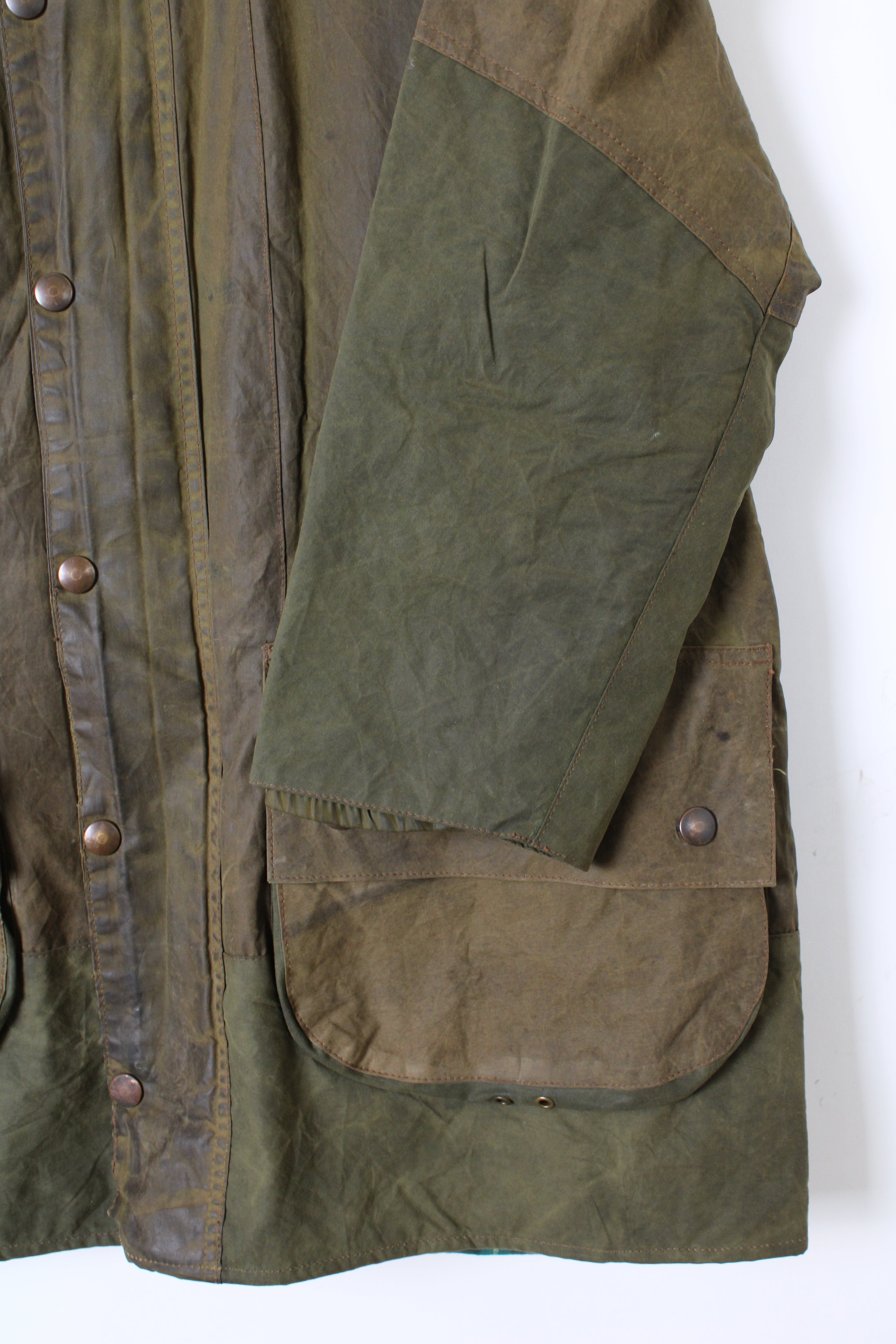 BARBOUR GAMEFAIR 2 CREST VINTAGE 1970S WAXED JACKET GREEN - M/L