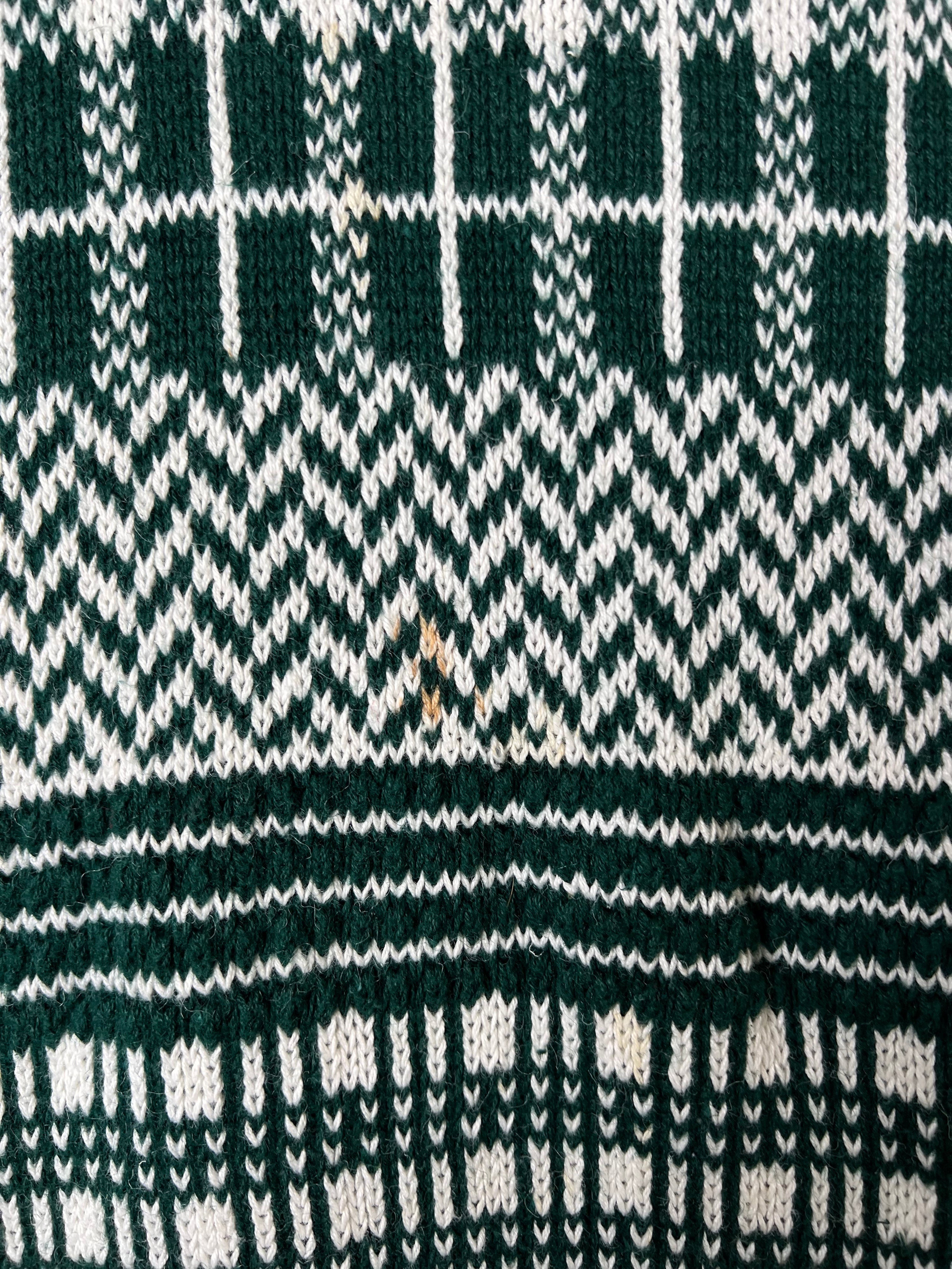 VINTAGE SWEATER COSBY PATTERN CRAZYKNIT WHITE GREEN - M