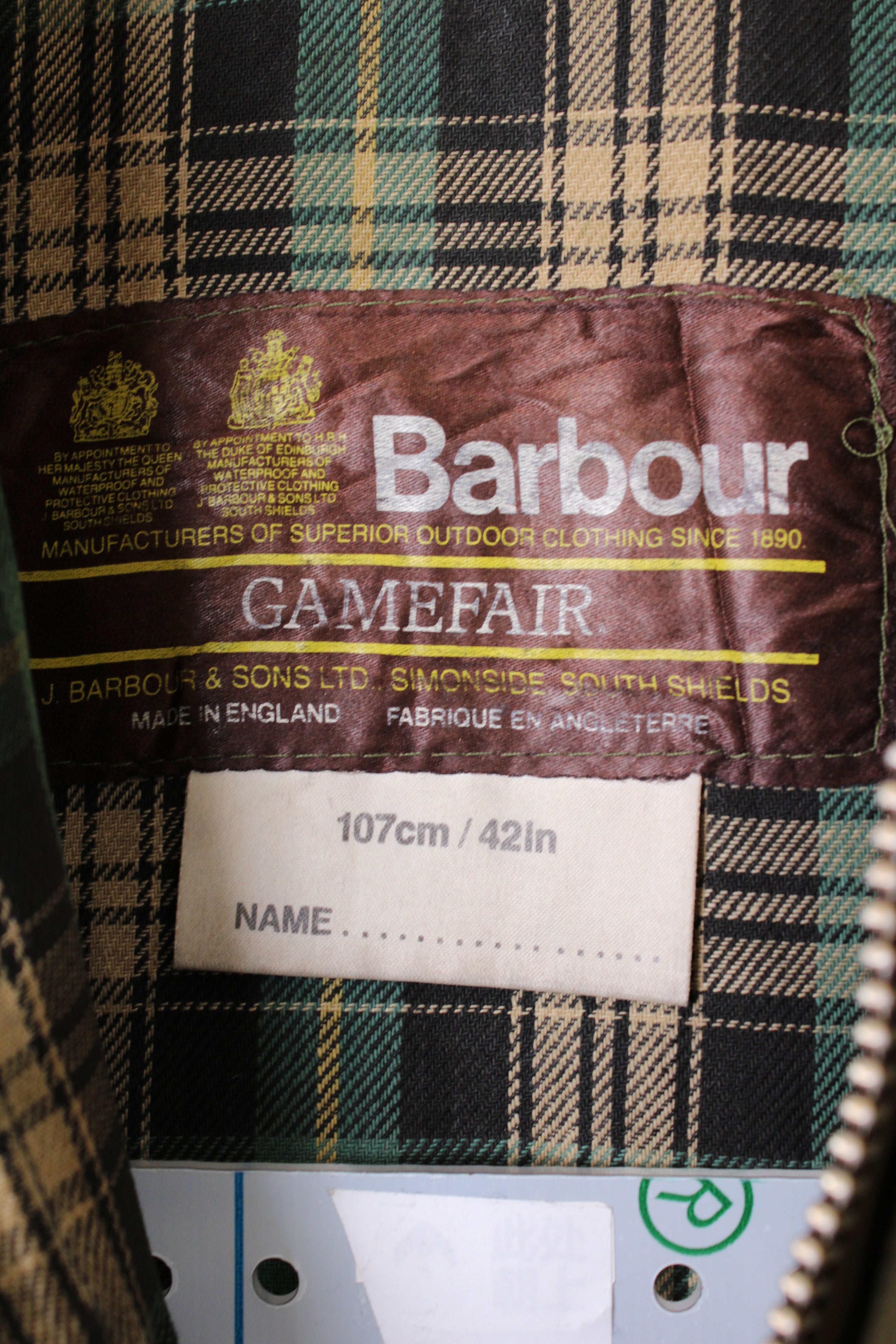 BARBOUR GAMEFAIR 2 CREST VINTAGE 1970S WAXED JACKET GREEN - M/L