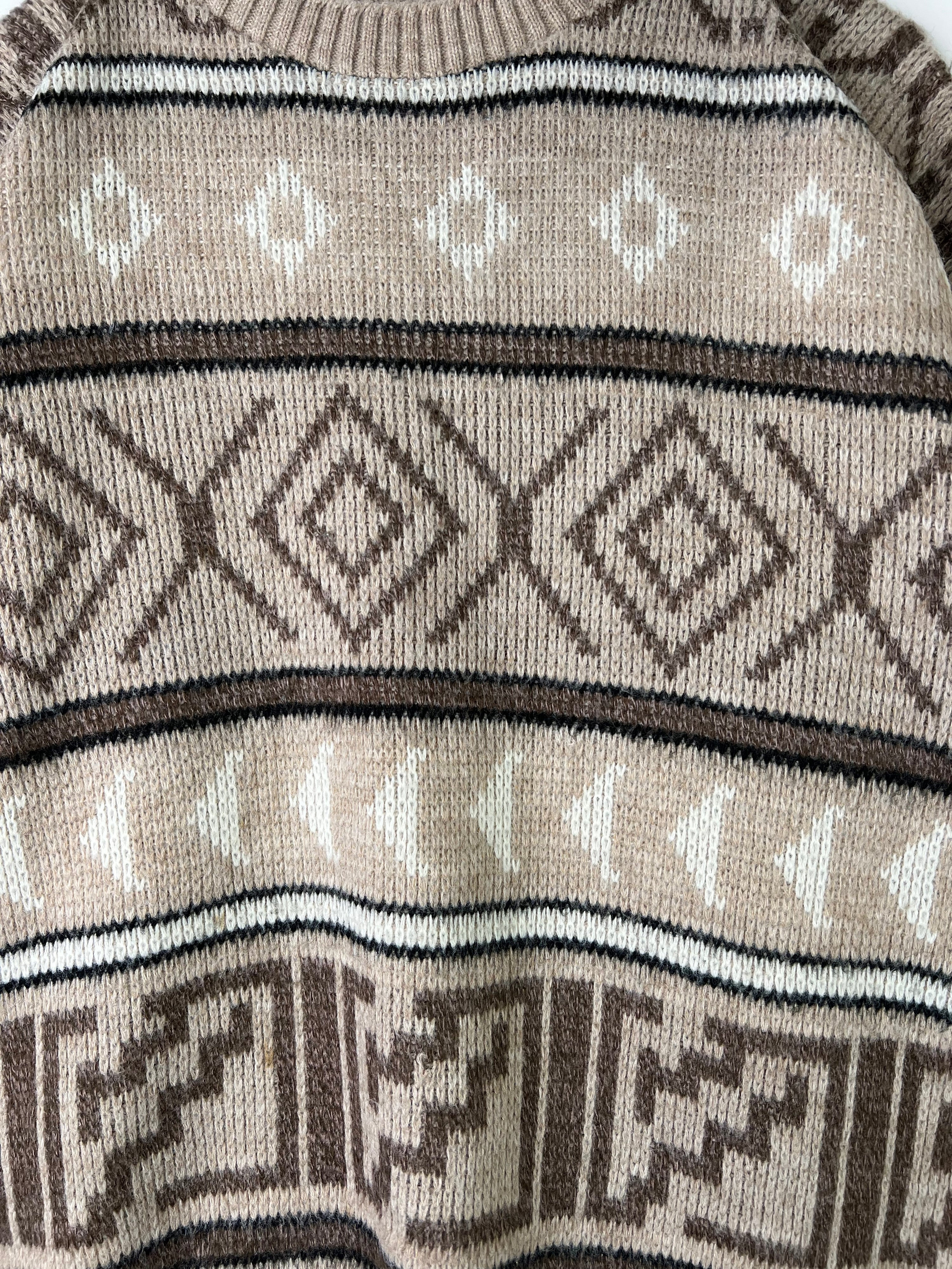 LONDON FOG SWEATER COSBY PATTERN CRAZY KNIT BROWN MADE IN USA - L