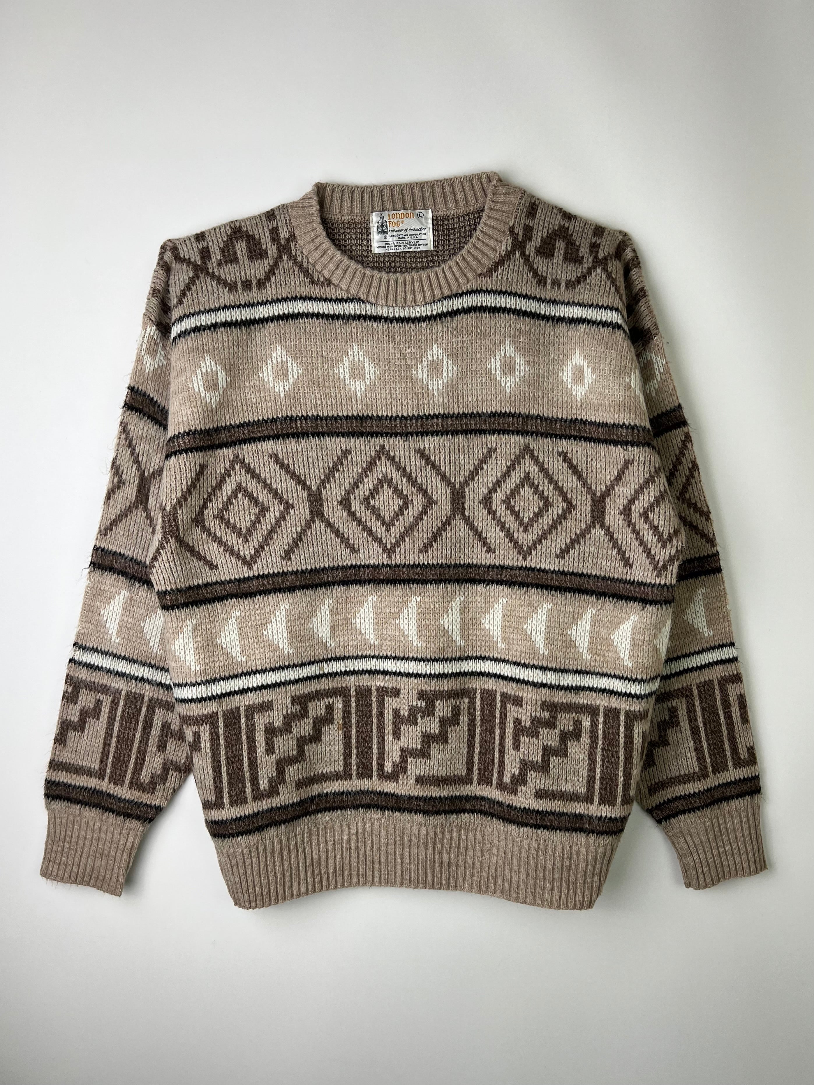 LONDON FOG SWEATER COSBY PATTERN CRAZY KNIT BROWN MADE IN USA - L