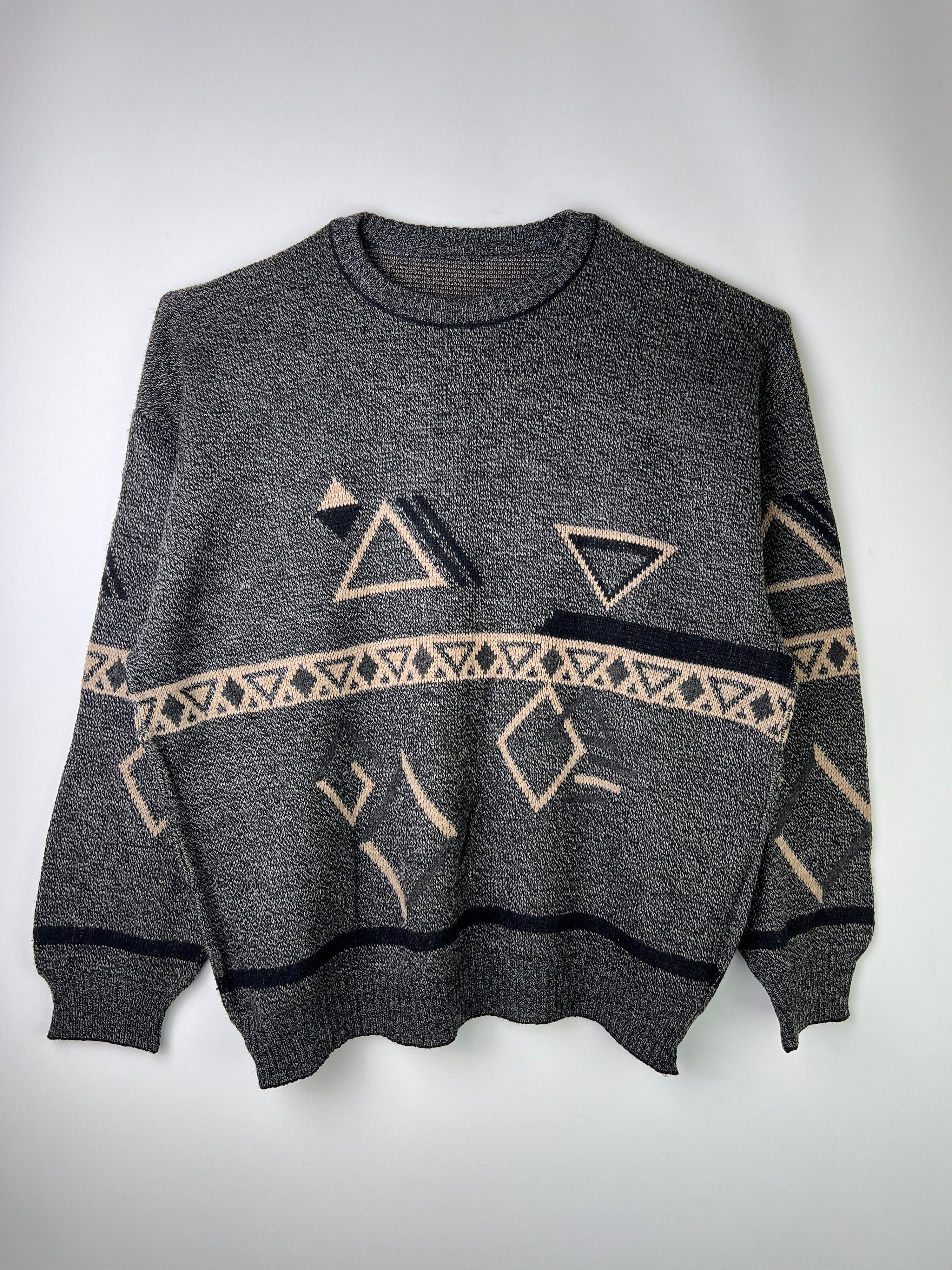 VINTAGE SWEATER COSBY PATTERN CRAZY KNIT GREY - L/XL