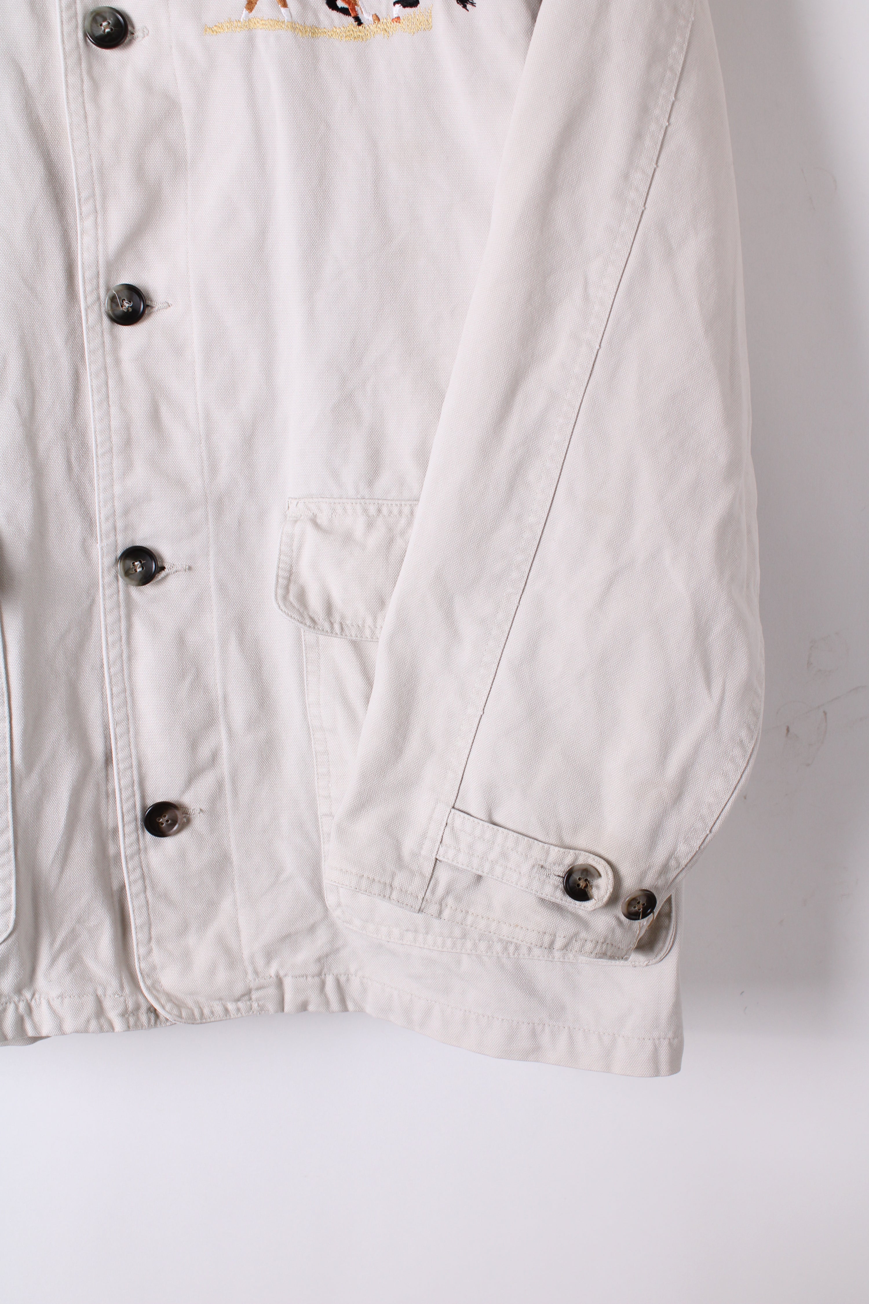 VINTAGE HUNTING JACKET CANVAS BEIGE EMBROIDERED - L