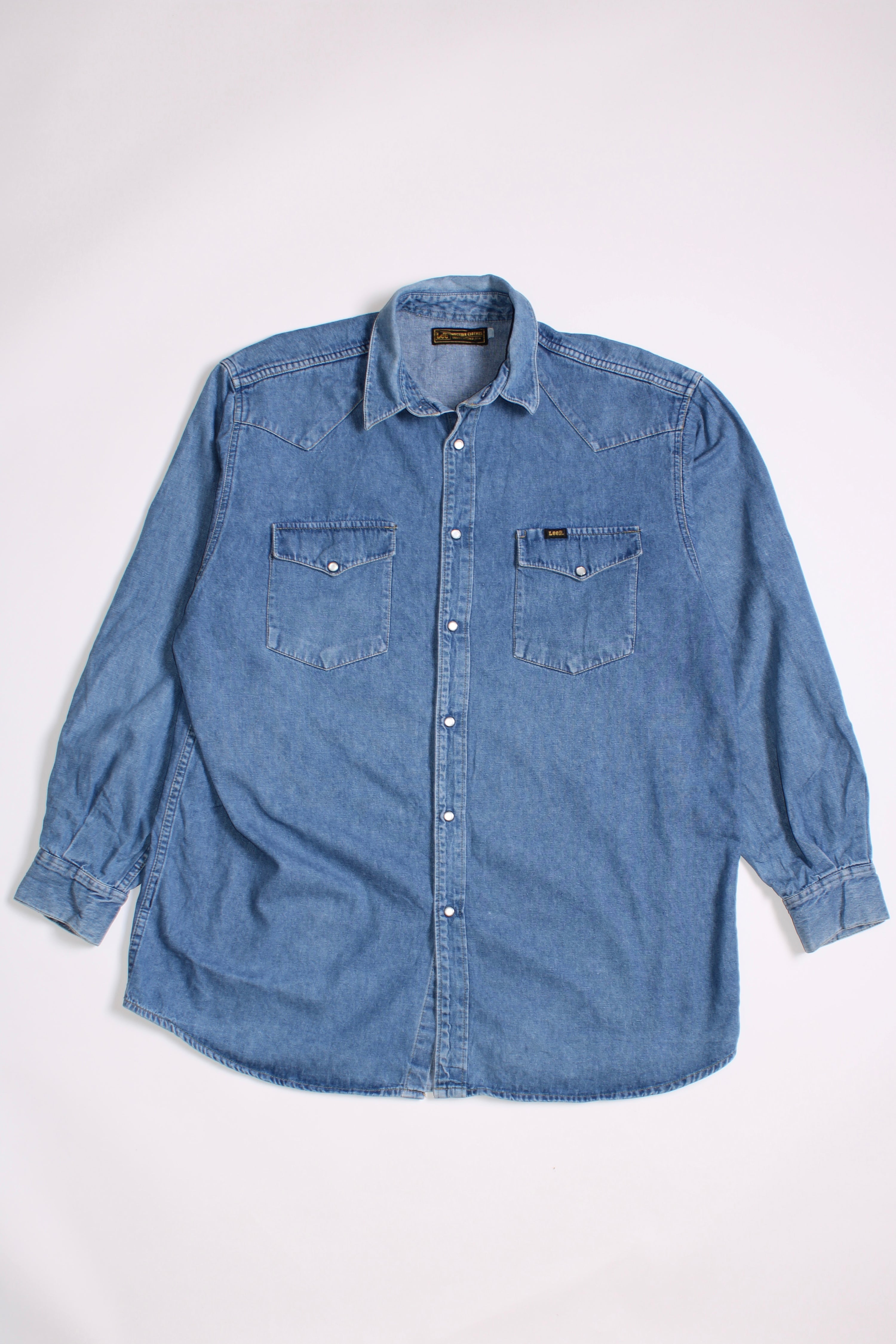 LEE VINTAGE WESTERN DENIM SHIRT BLUE WASH  1990S VTG - L/XL