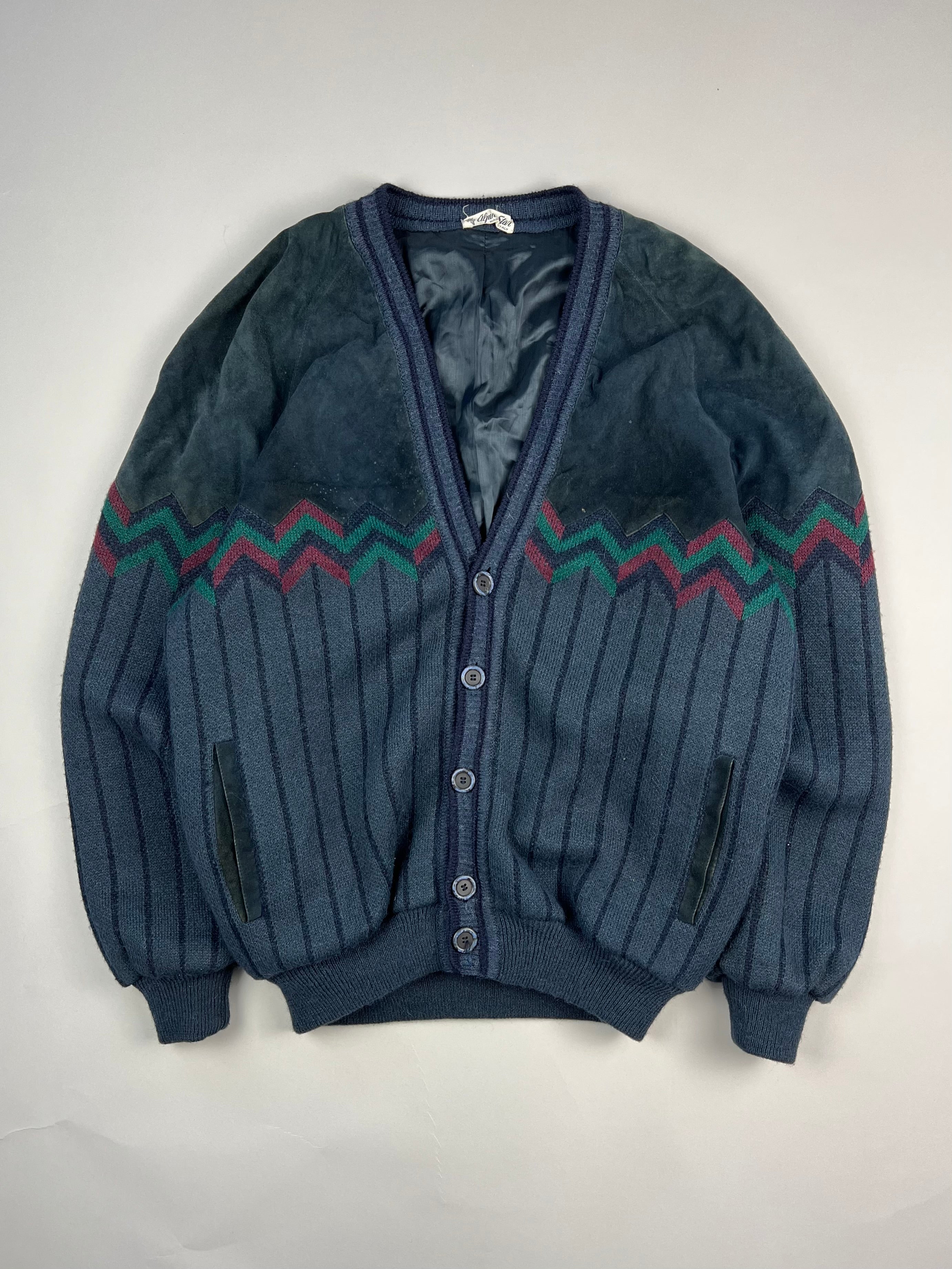 SUEDE WOOL BOMBER 80S CARDIGAN JACKET BLUE - XL/XXL