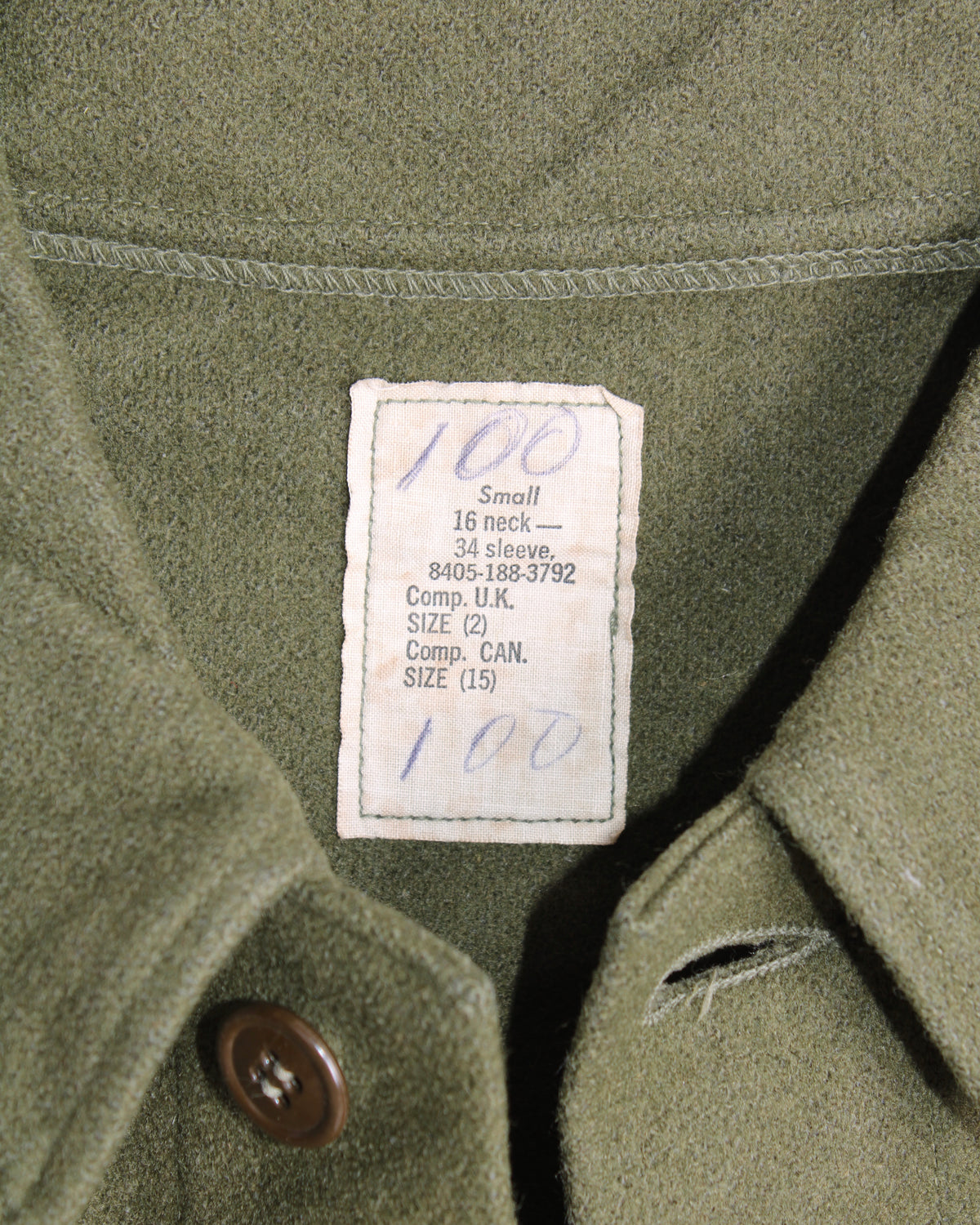 US ARMY VINTAGE OG 108 WOOL SHIRT OLIVE GREEN JUN - SMALL