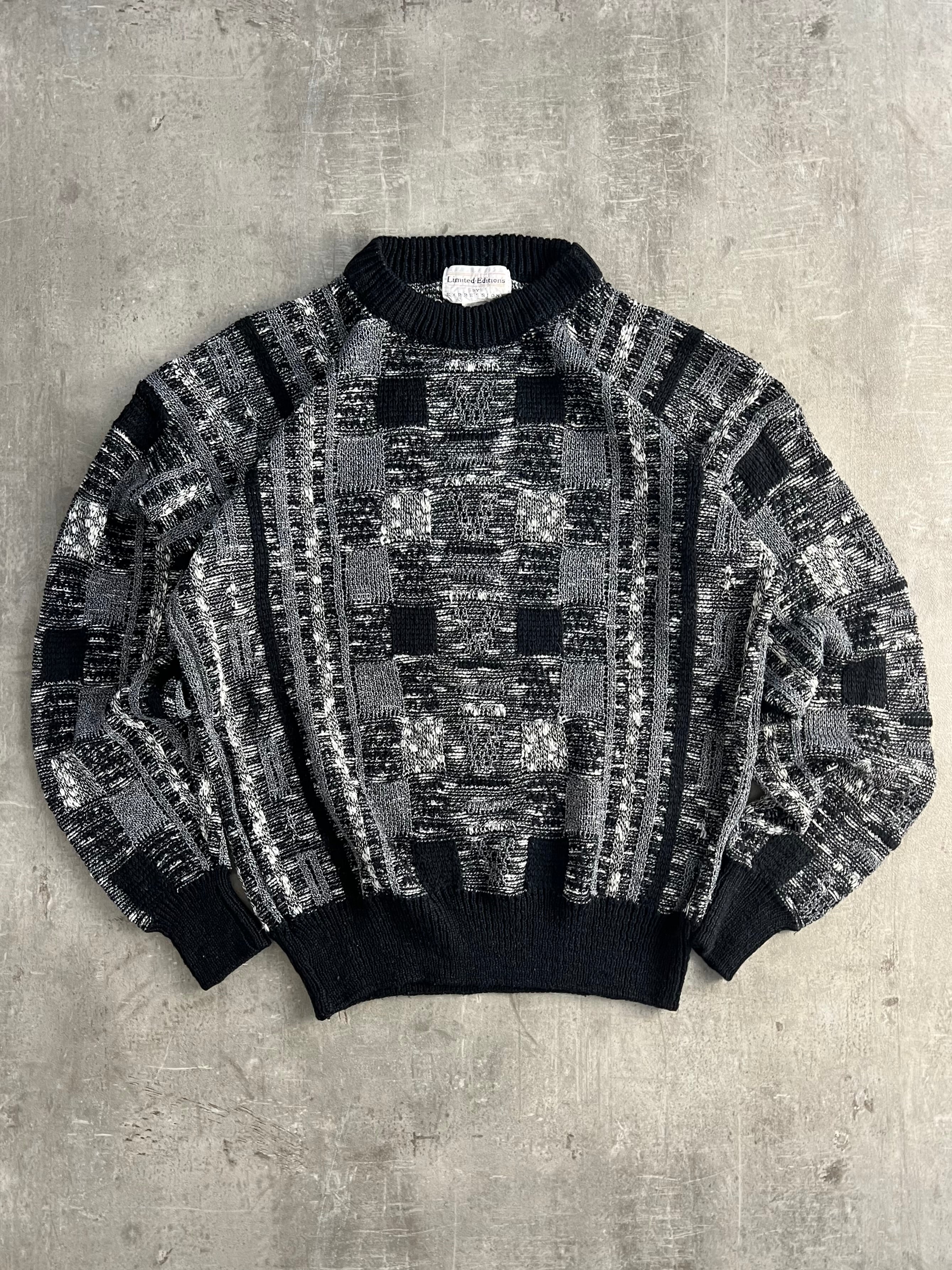 VINTAGE COSBY PATTERN STRUCTURED KNIT BLACK - L