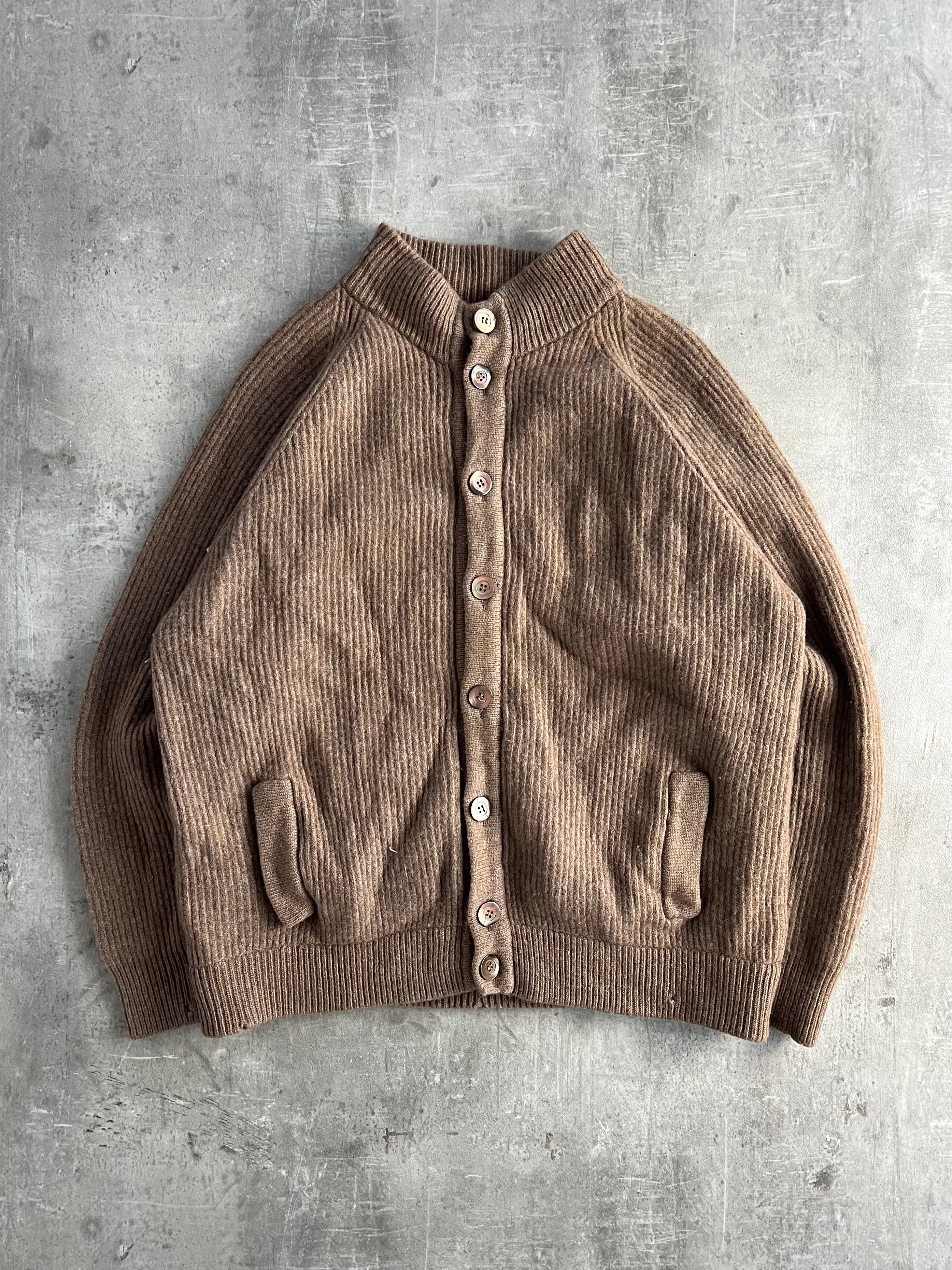 VINTAGE CARDIGAN RIBBED WOOL CHOCOLATE BROWN - XS