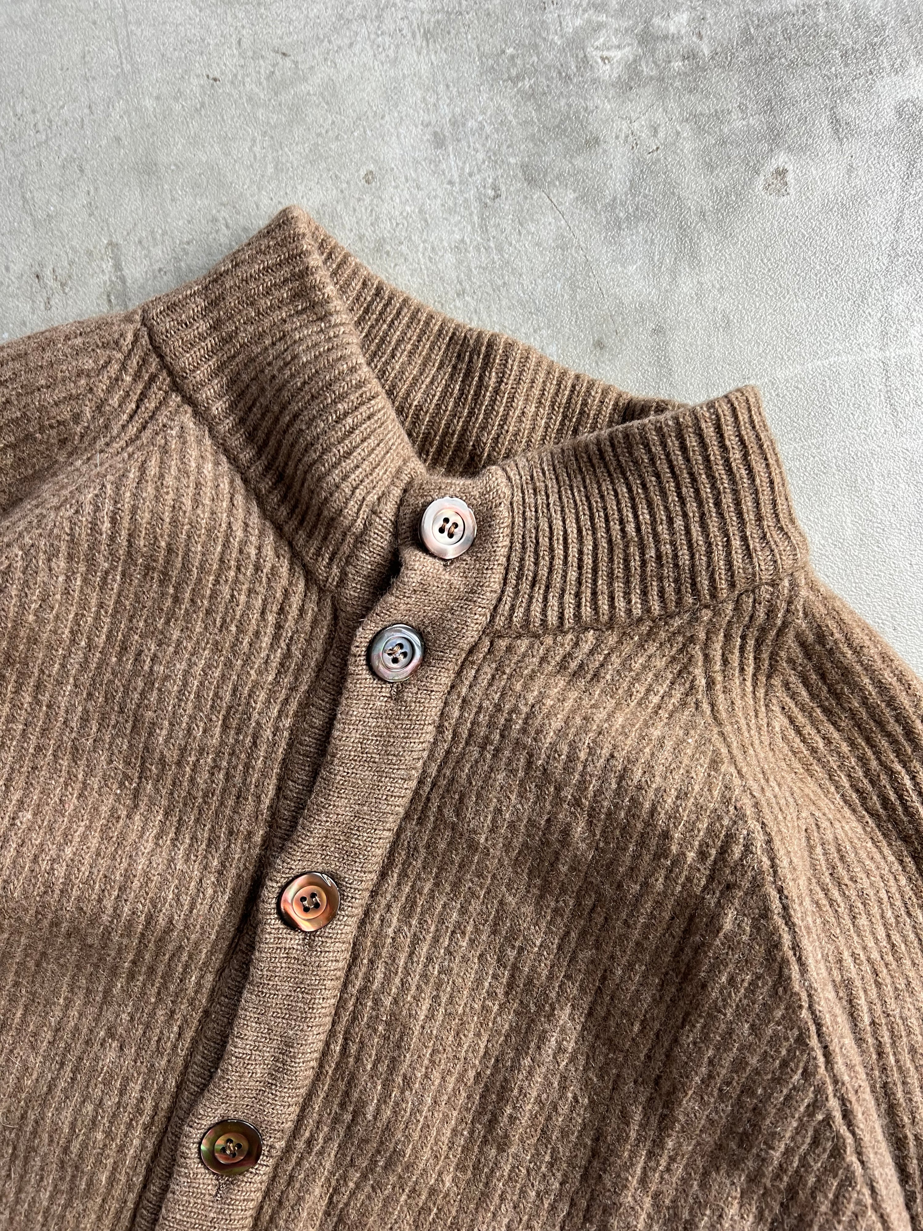 VINTAGE CARDIGAN RIBBED WOOL CHOCOLATE BROWN - XS
