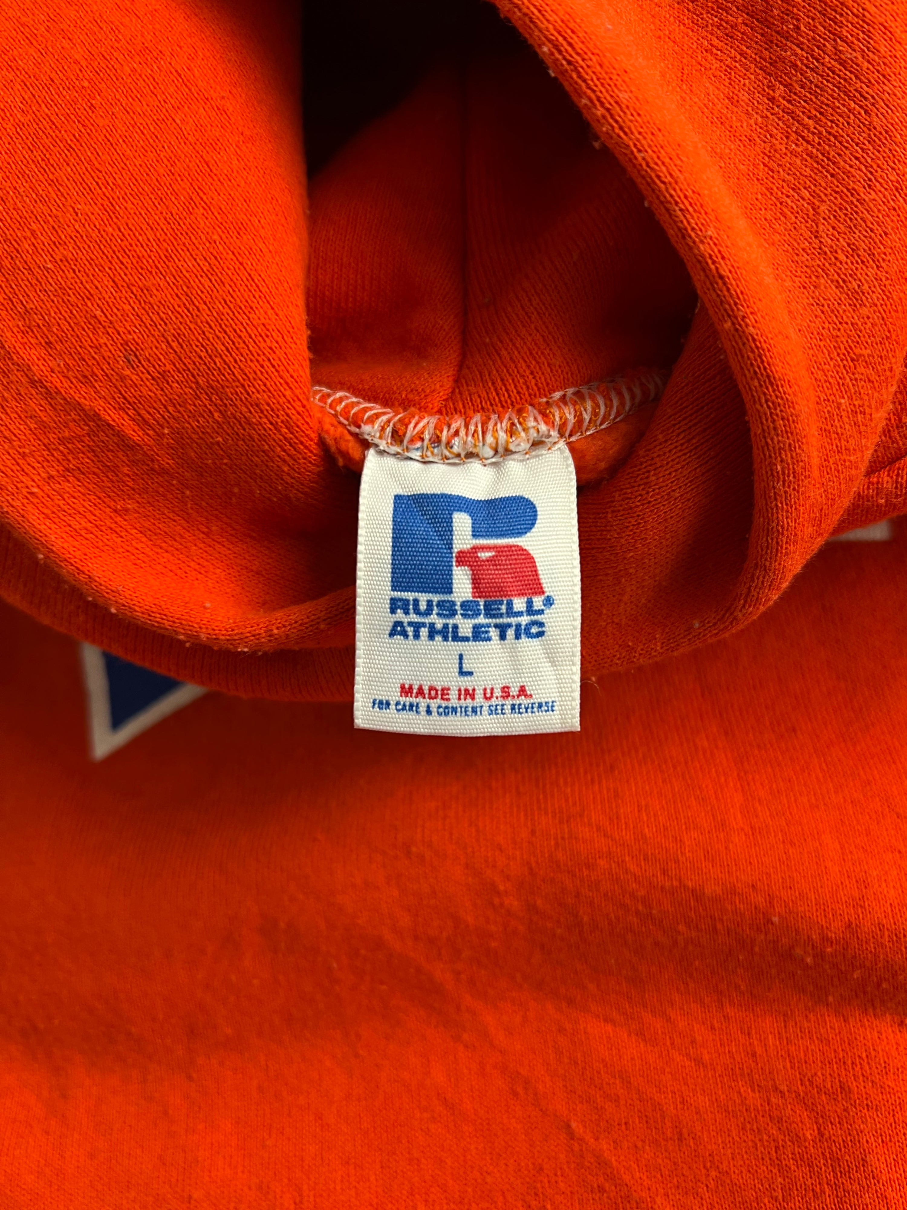 RUSSELL ATHLETIC VINTAGE HOODIE ORANGE FLORIDA MADE IN USA - L