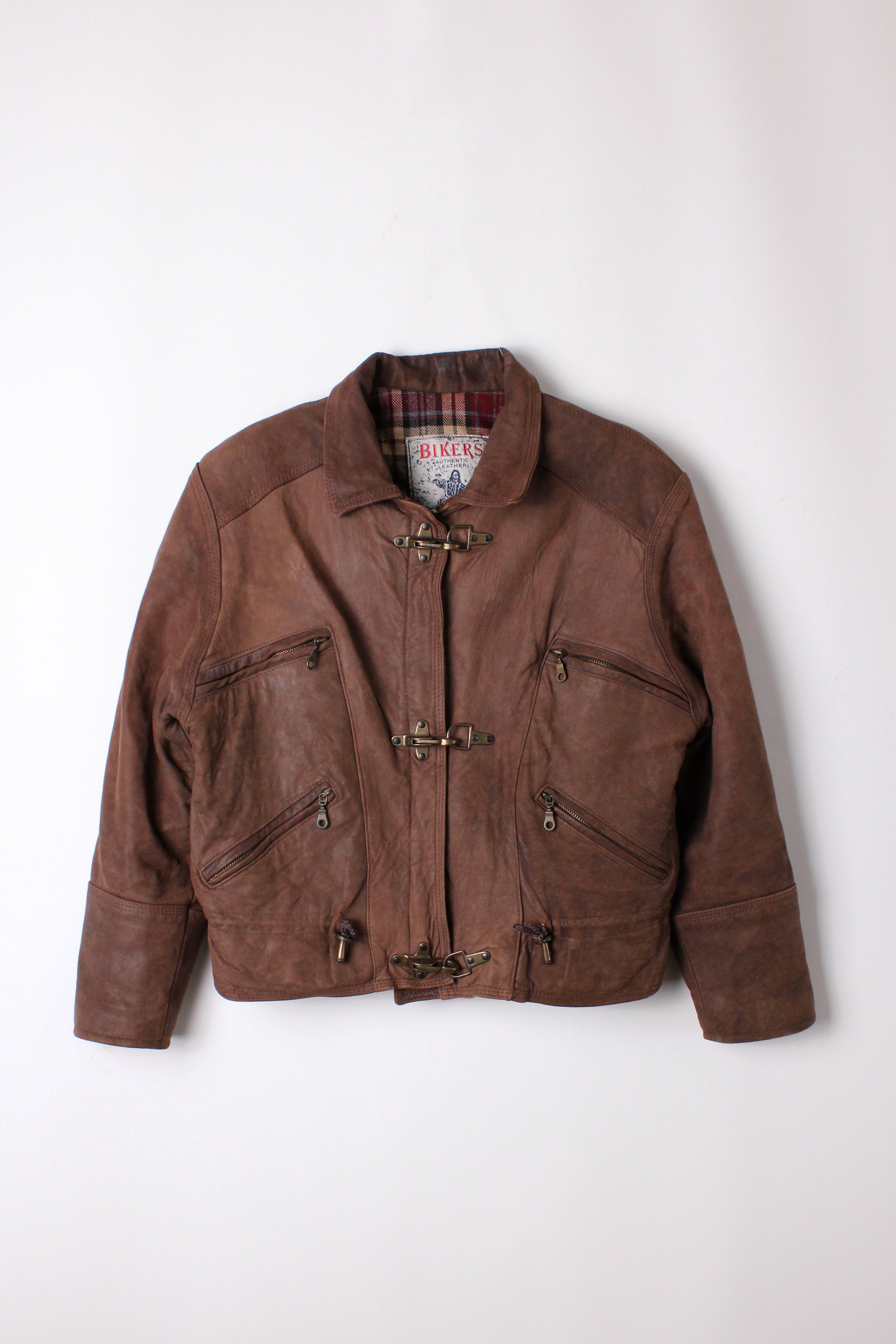 VINTAGE LEATHER FIREMAN JACKET 3 HOOKS BROWN - S/M