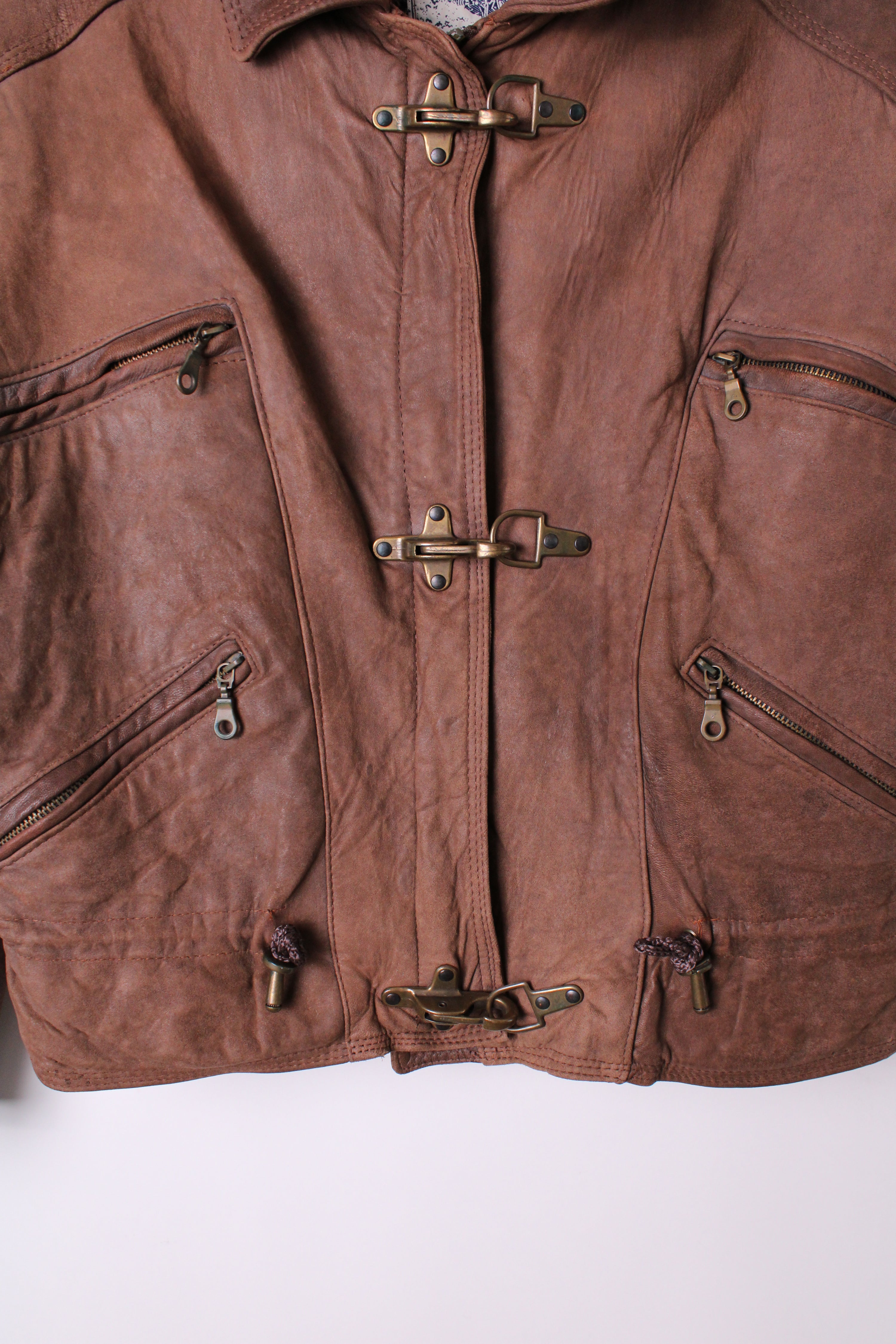 VINTAGE LEATHER FIREMAN JACKET 3 HOOKS BROWN - S/M