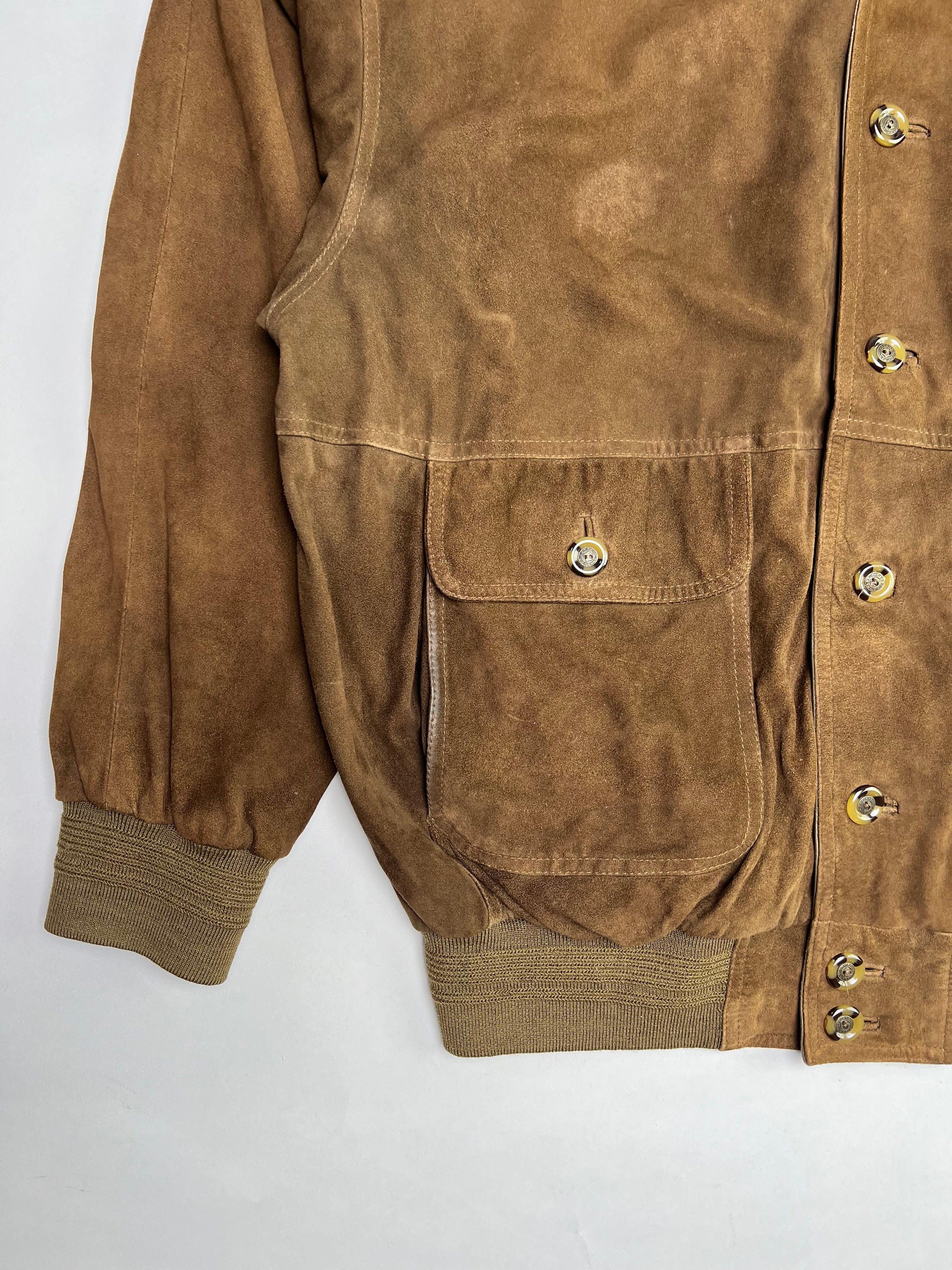 VINTAGE SUEDE BOMBER LEATHER JACKET DARK BROWN - L/XL