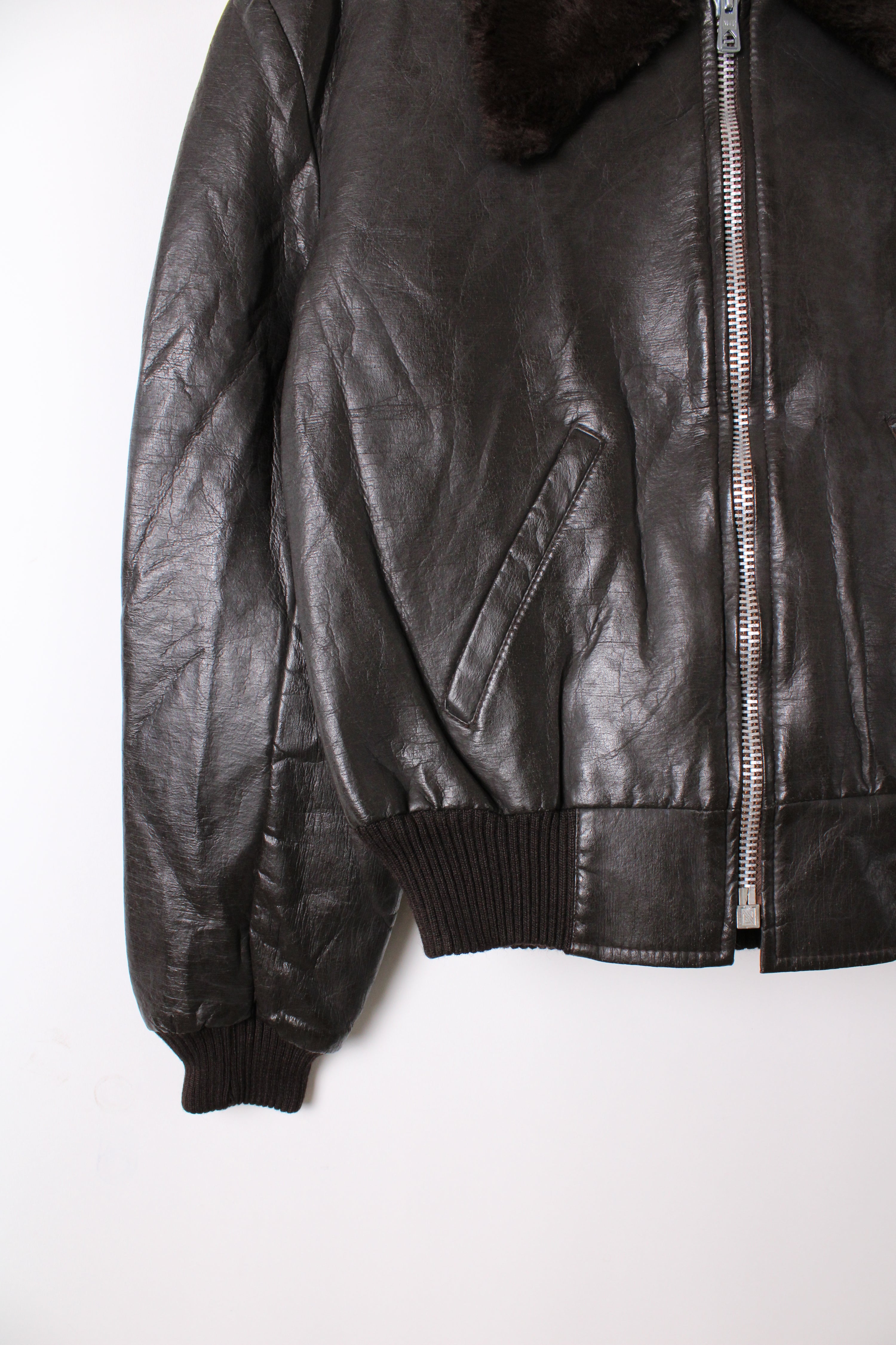 VINTAGE 1970S AVIATOR LEATHER JACKET SHEARLING COLLAR BROWN - S/M