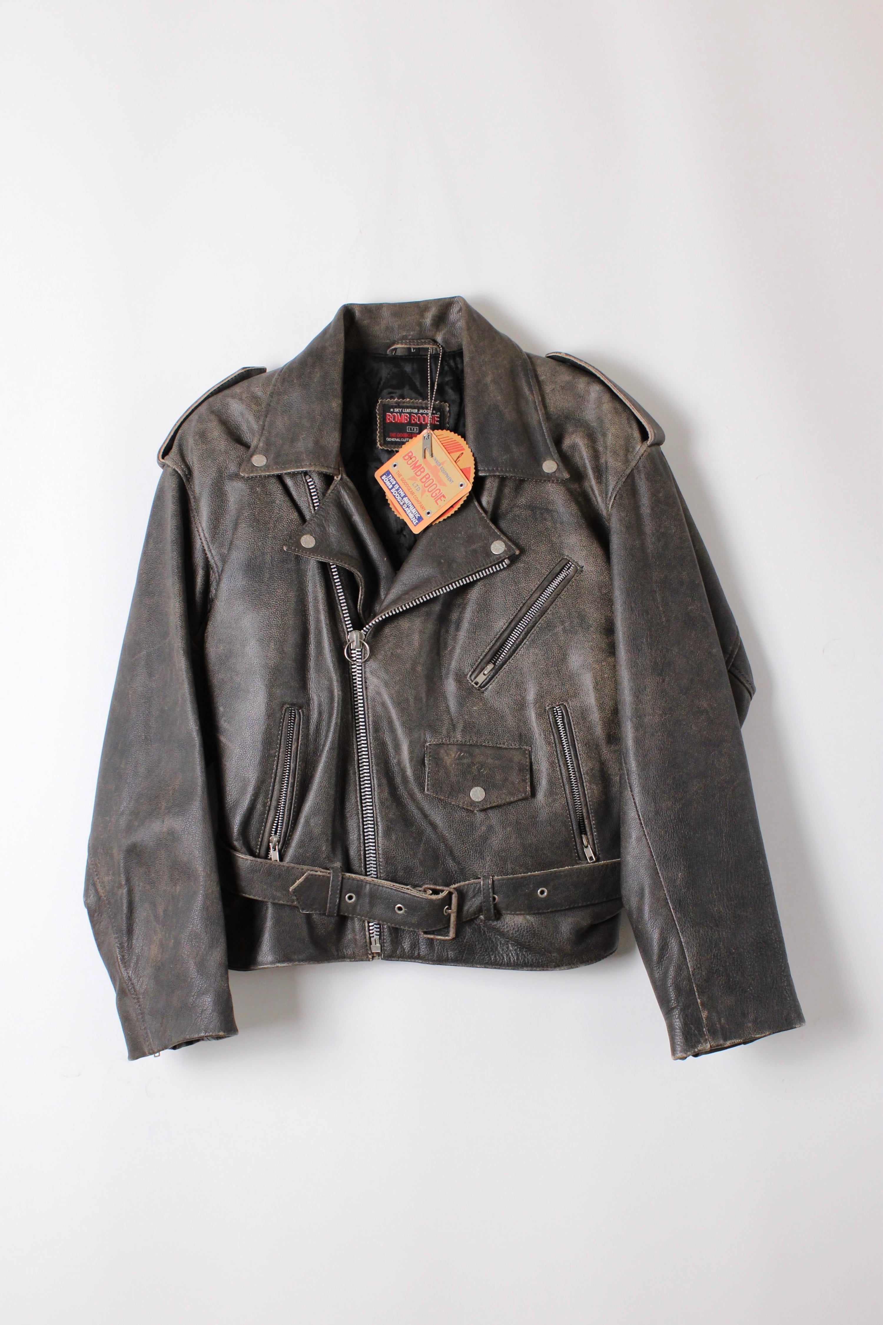 BOMB BOOGIE LEATHER BIKER JACKET FADED BROWN - L