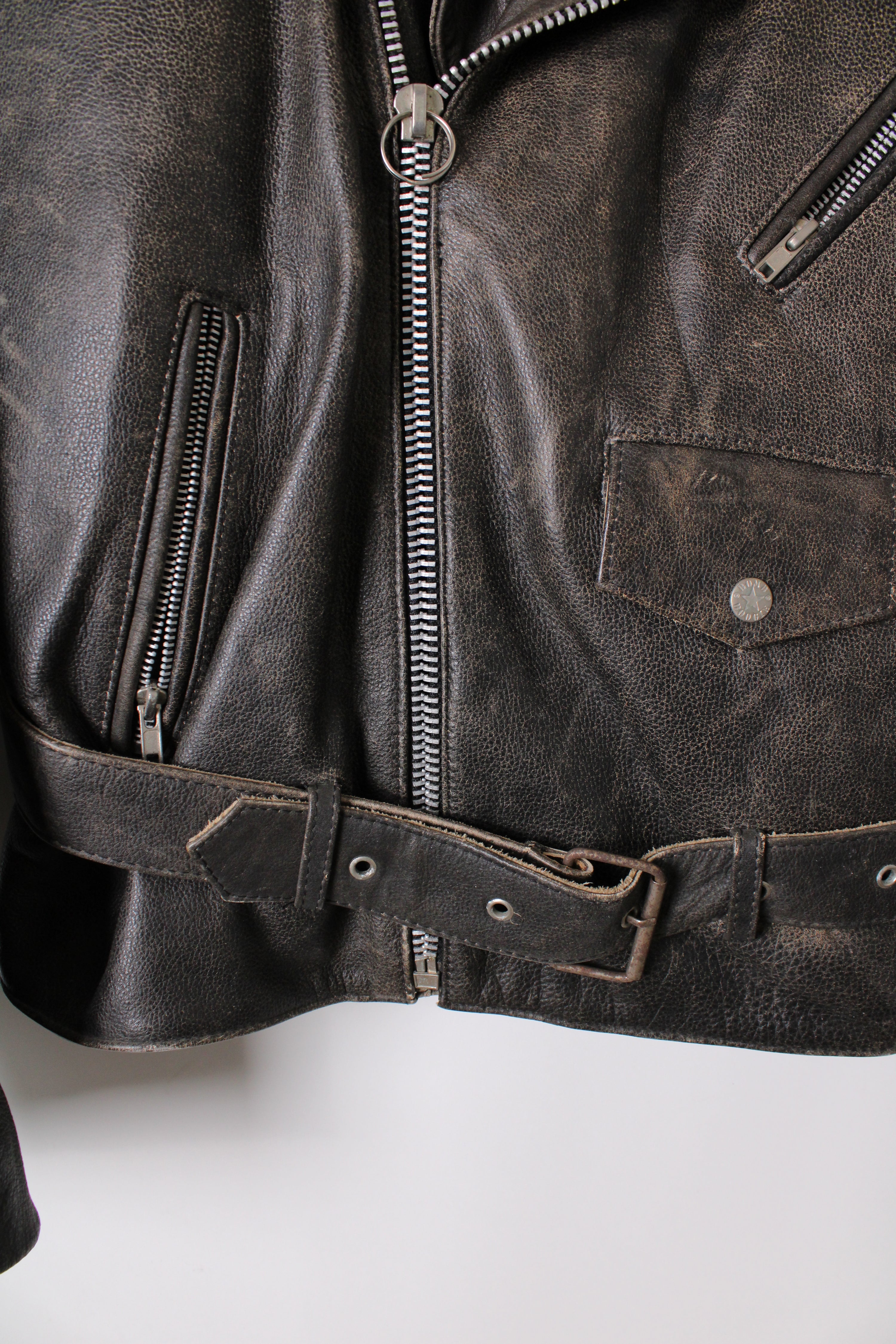 BOMB BOOGIE LEATHER BIKER JACKET FADED BROWN - L