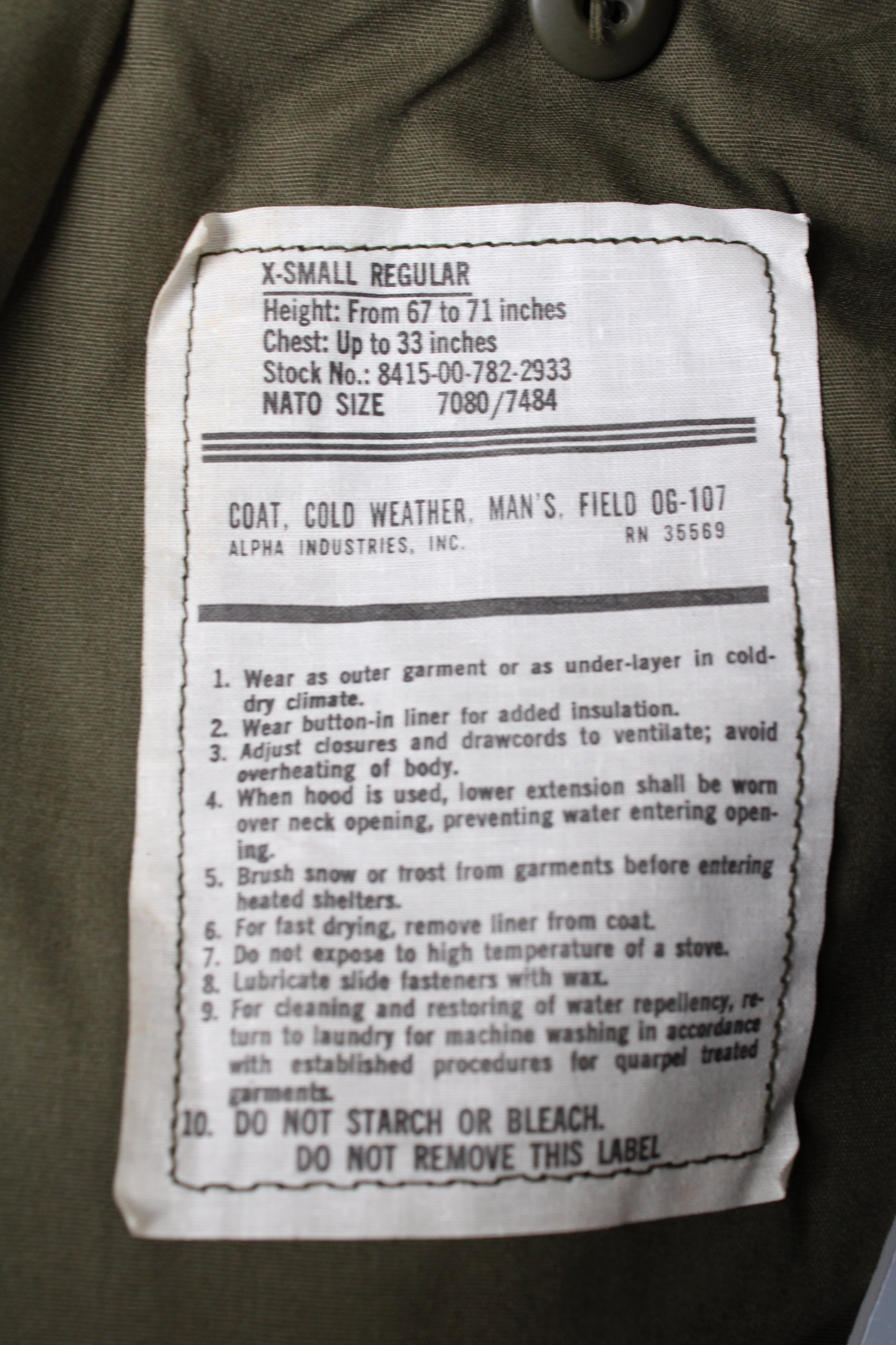 FIELD JACKET M65 US ARMY OG-107 ALPHA INDUSTRIES - XS