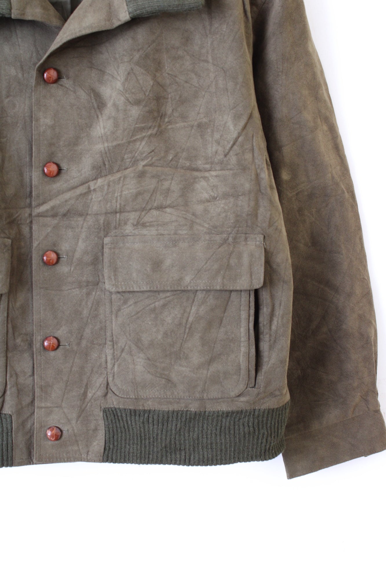 VINTAGE SUEDE BOMBER LEATHER LODEN SHORT JACKET DARK GREEN - M/L