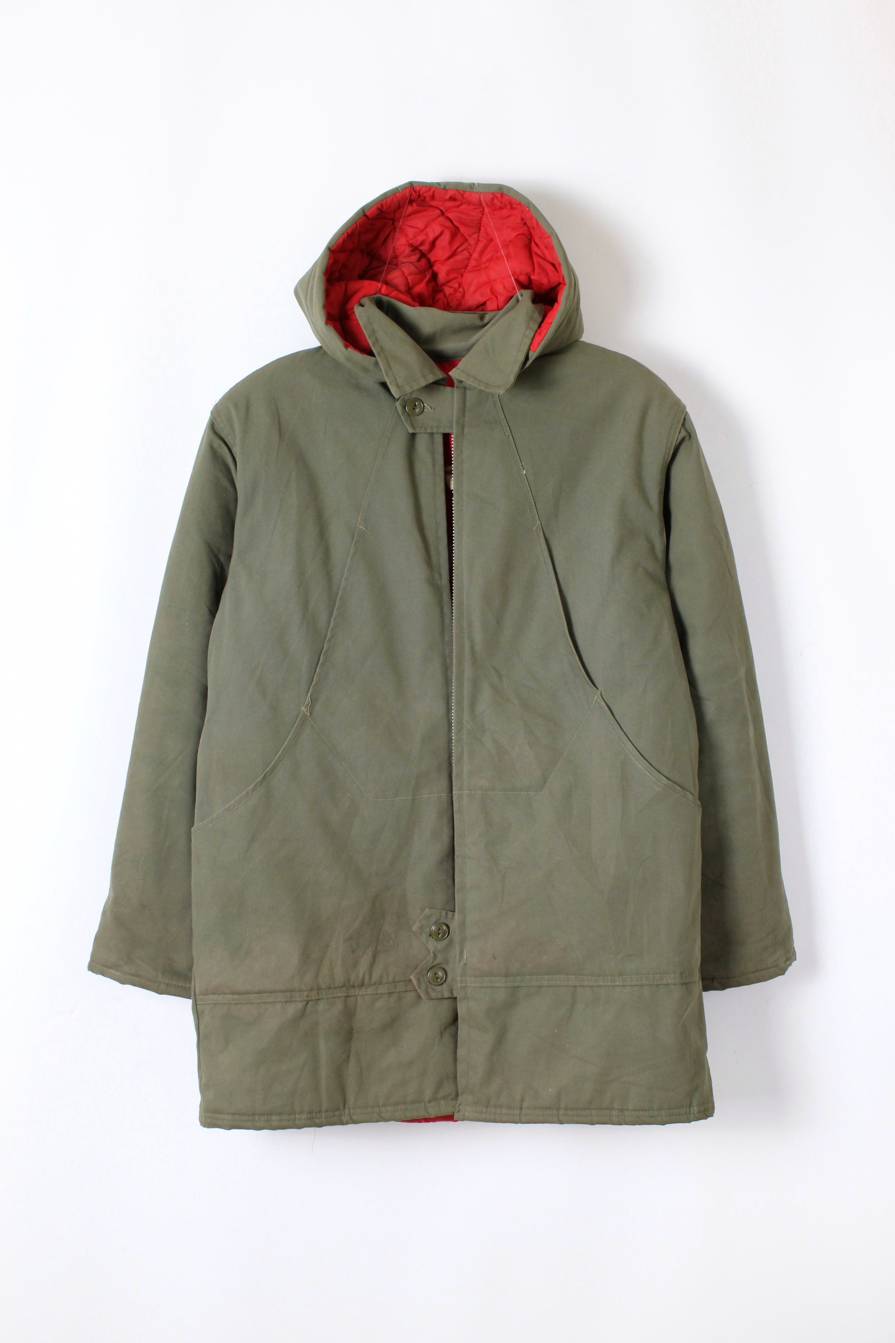 VINTAGE 1970S HEAVY QUILTED CANVAS PARKA GREEN - L/XL
