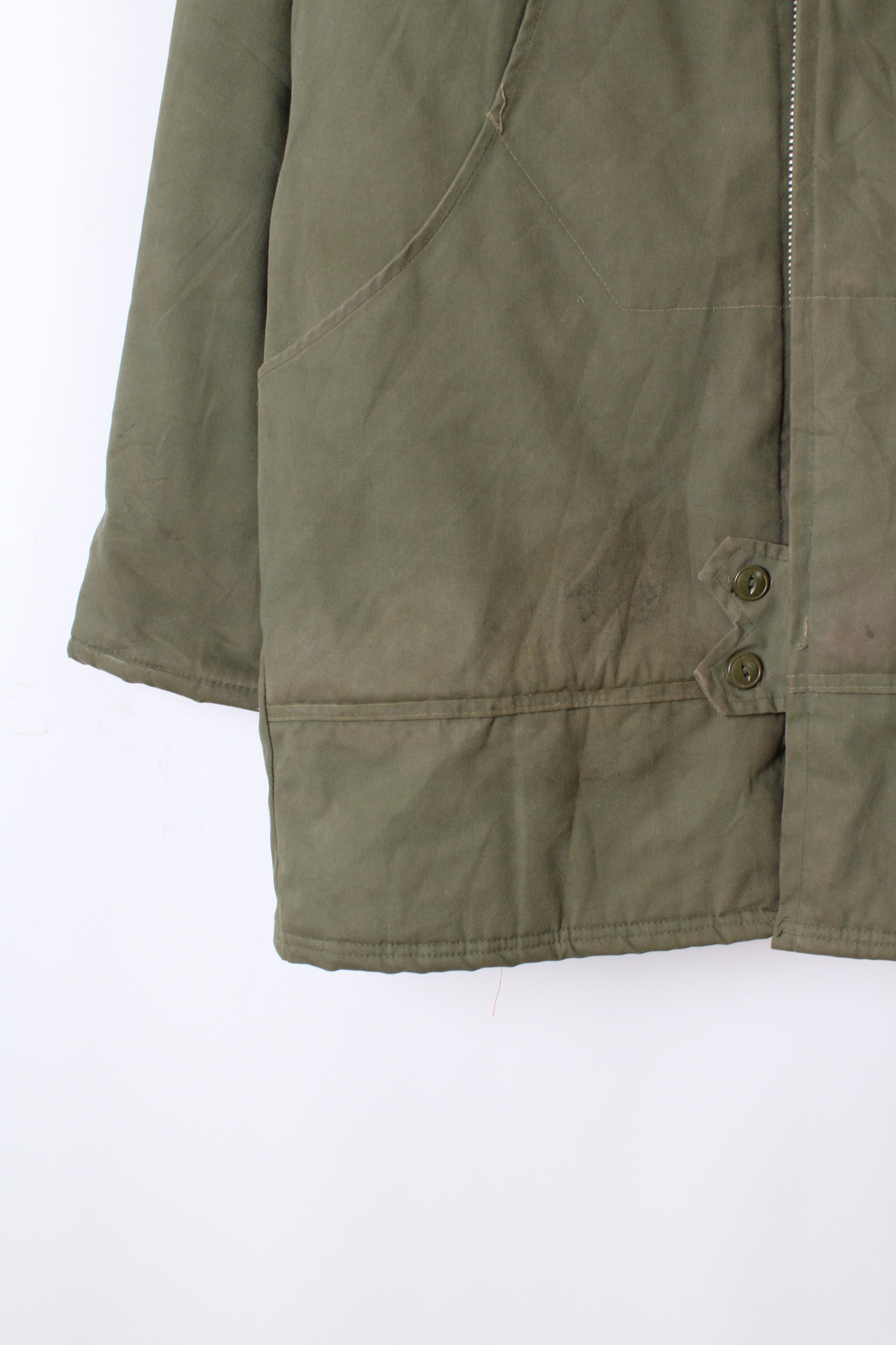 VINTAGE 1970S HEAVY QUILTED CANVAS PARKA GREEN - L/XL