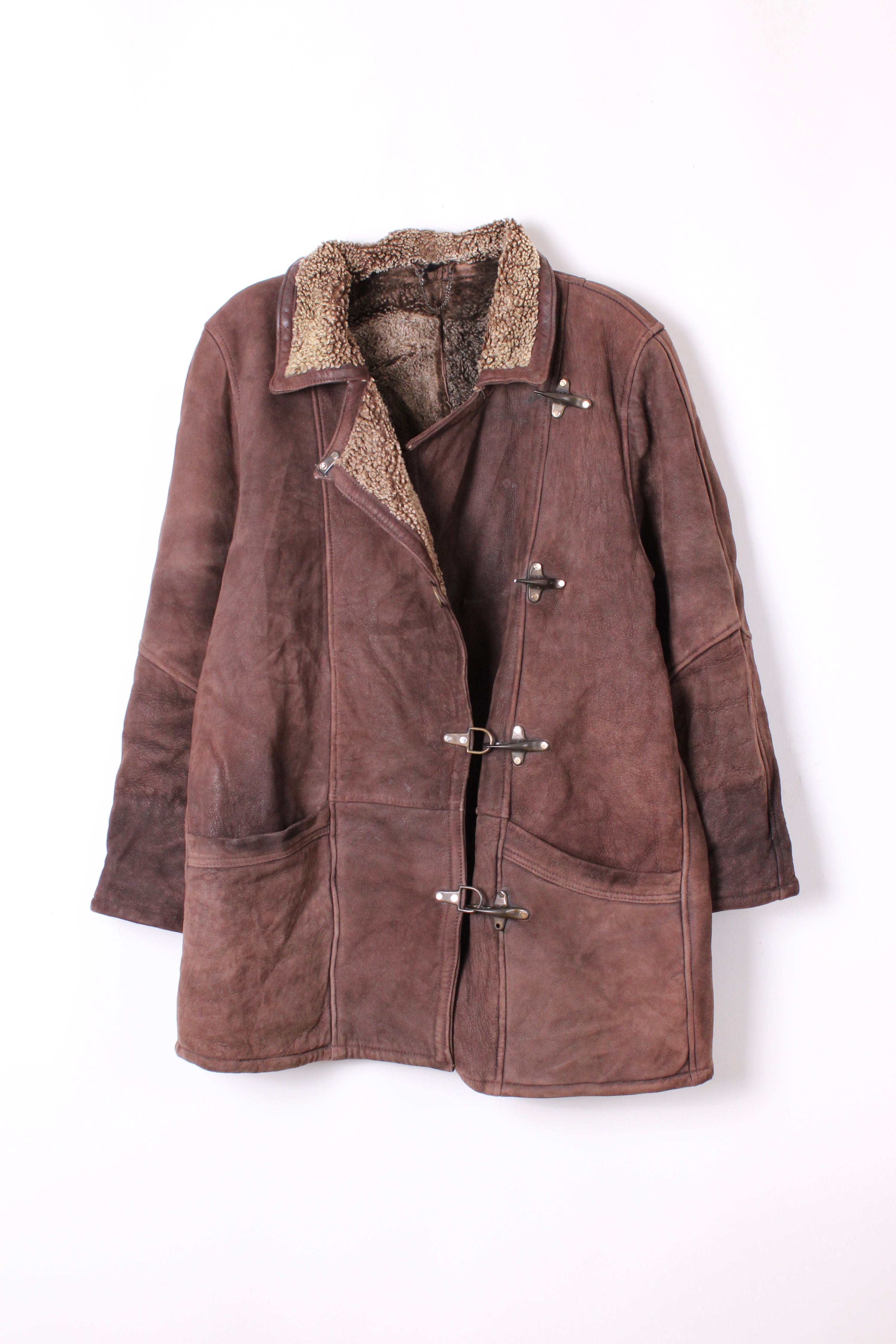 VINTAGE FIREMAN LEATHER SHEARLING COAT BROWN - M/L