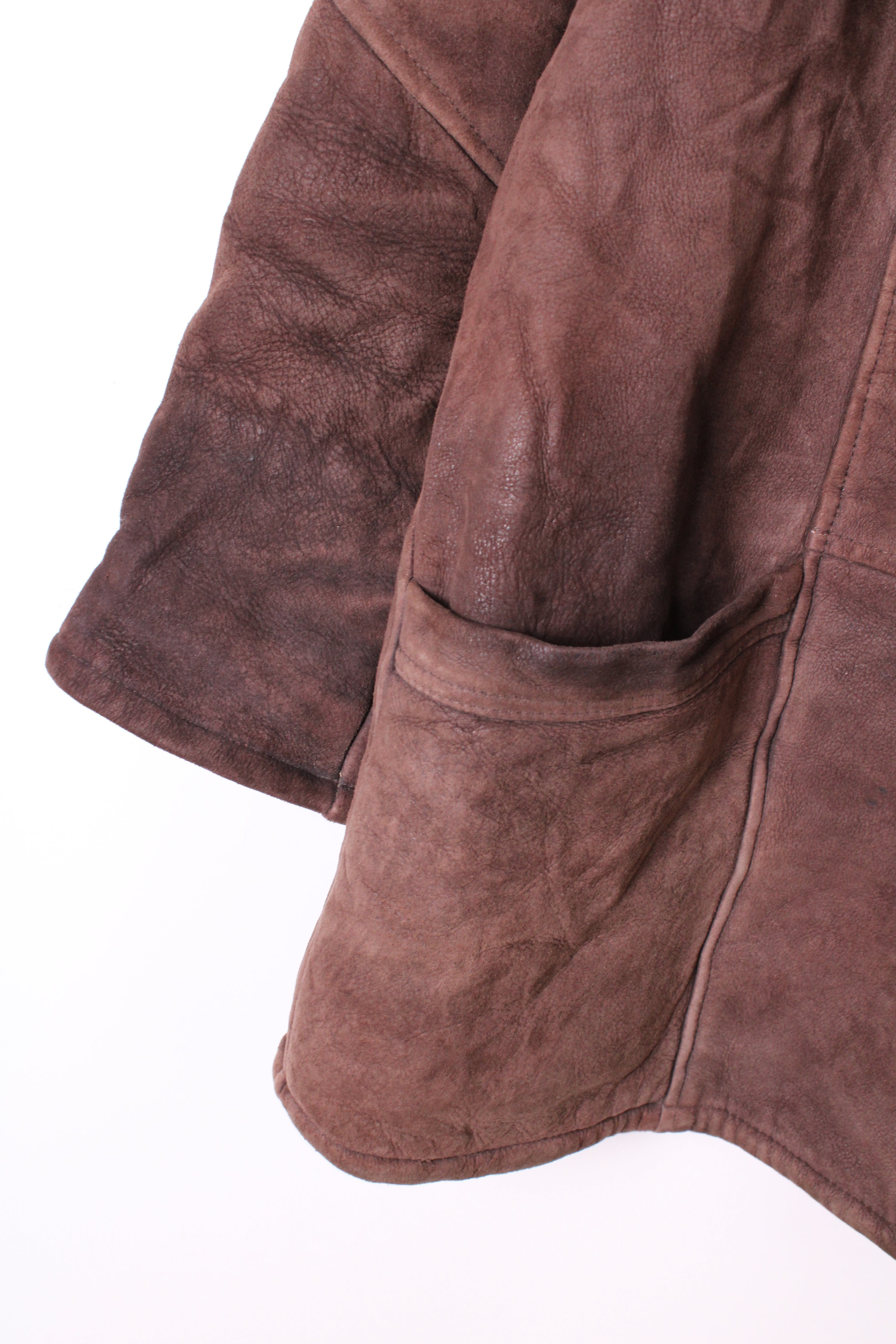 VINTAGE FIREMAN LEATHER SHEARLING COAT BROWN - M/L