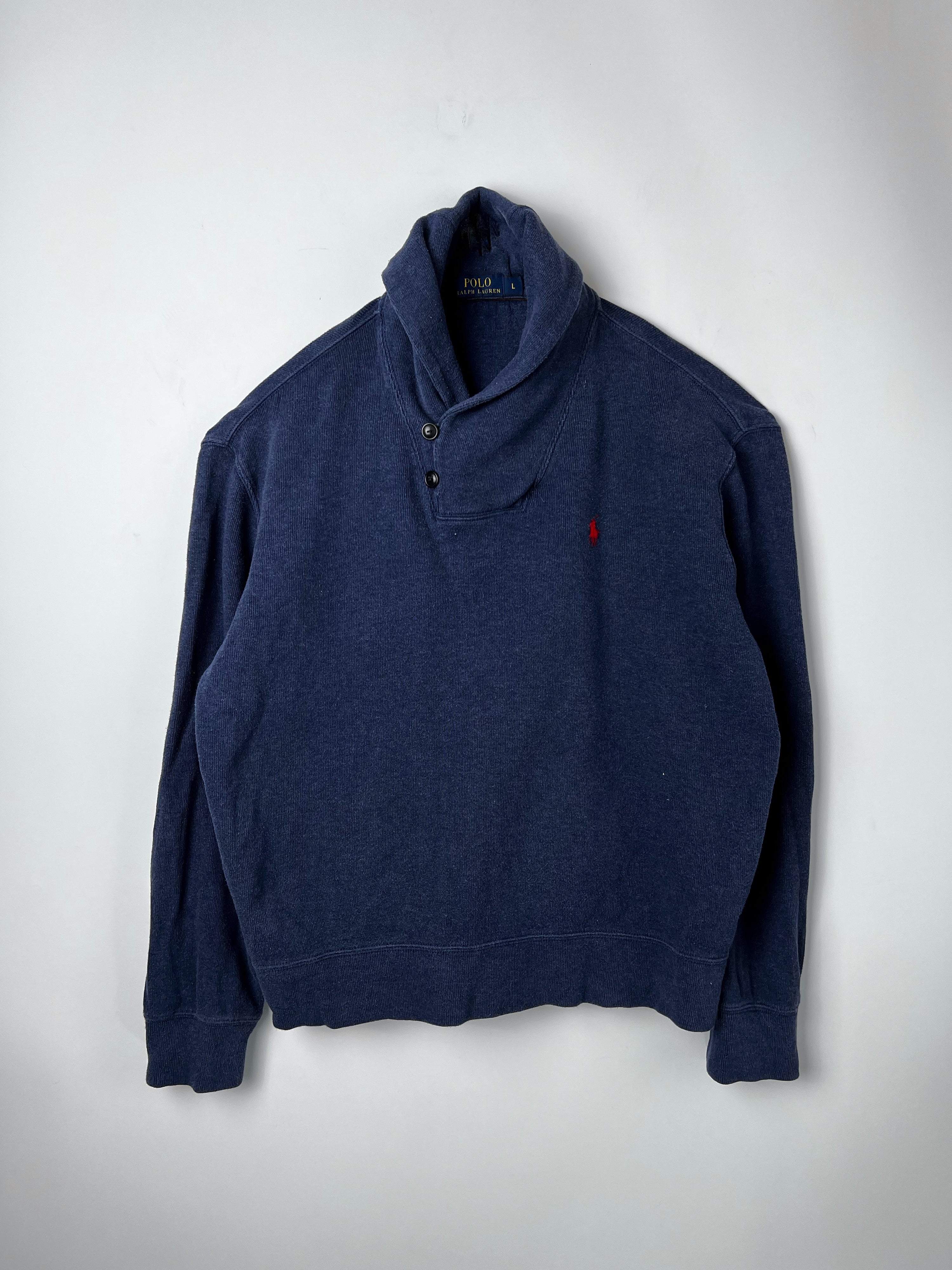 RALPH LAUREN COTTON SWEATER SHAWL COLLAR BLUE - L