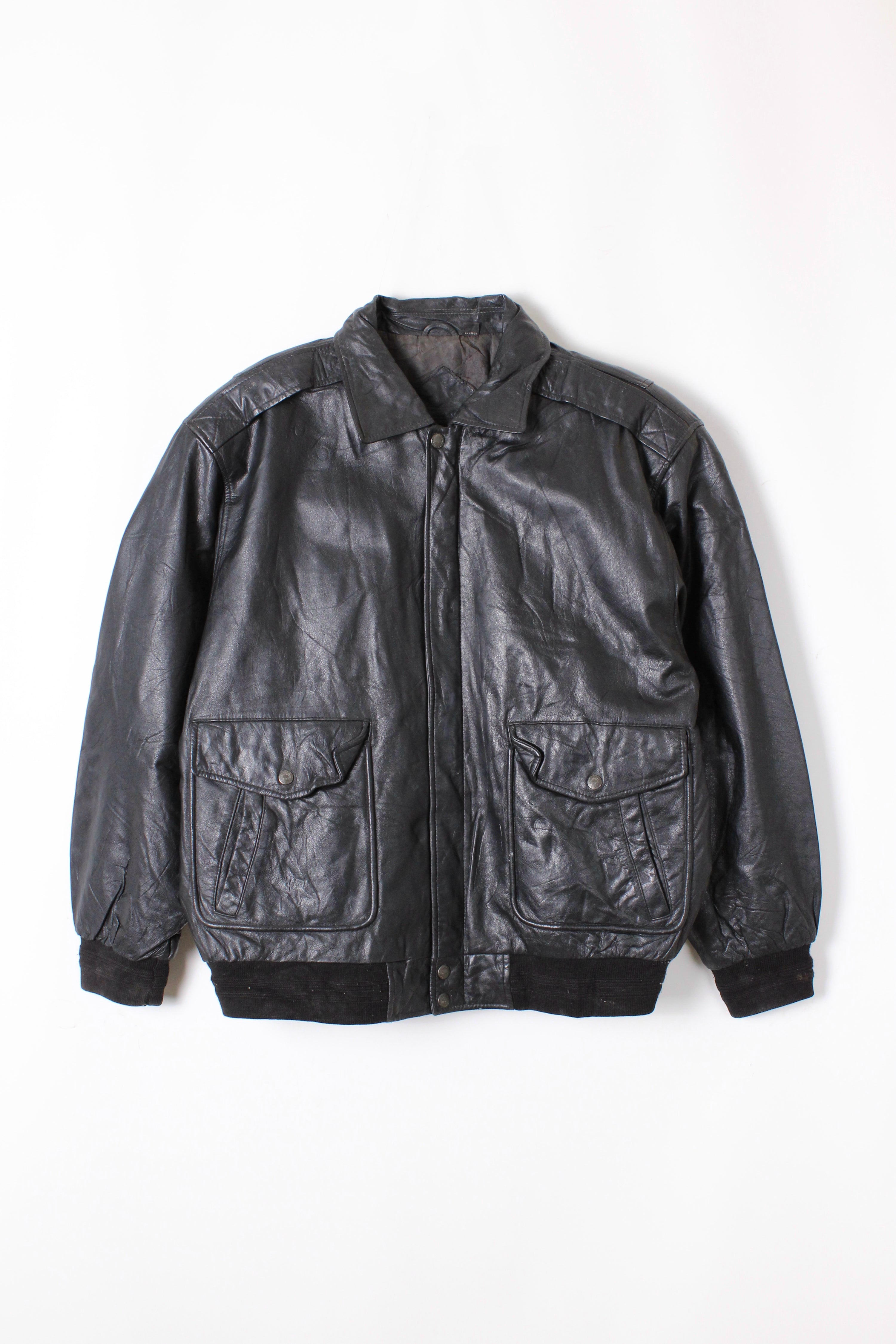 VINTAGE BOMBER LEATHER FLIGHT JACKET BLACK - L