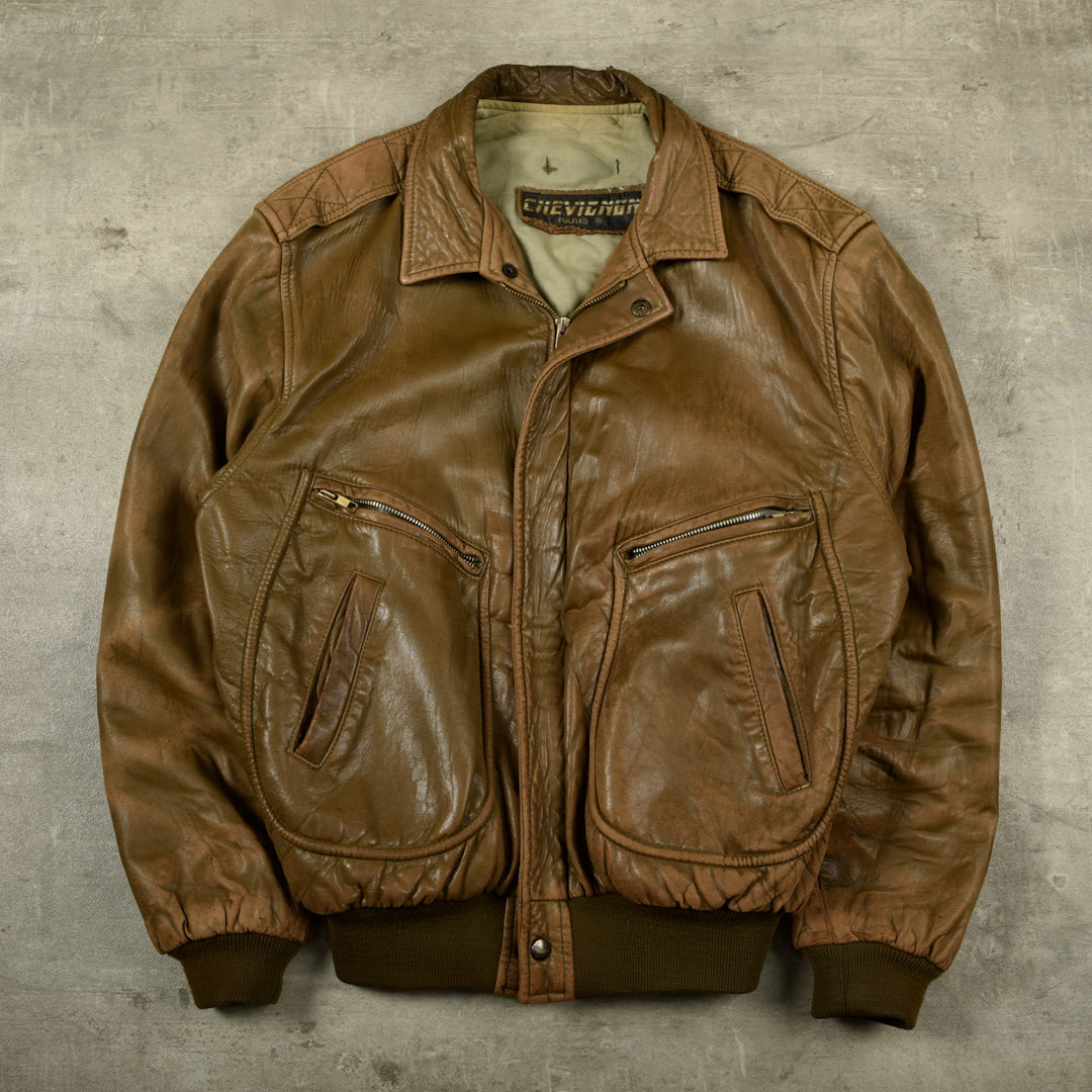 CHEVIGNON AVIATOR LEATHER BOMBER JACKET BROWN - S/M