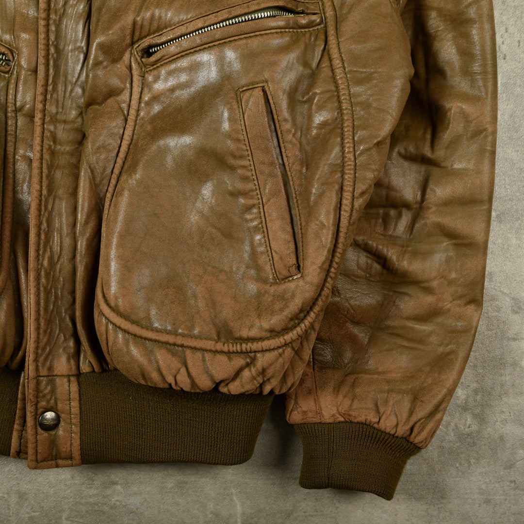 CHEVIGNON AVIATOR LEATHER BOMBER JACKET BROWN - M/L