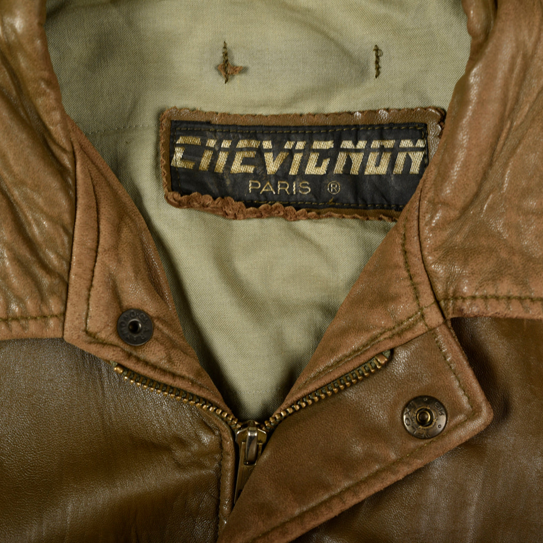 CHEVIGNON AVIATOR LEATHER BOMBER JACKET BROWN - S/M