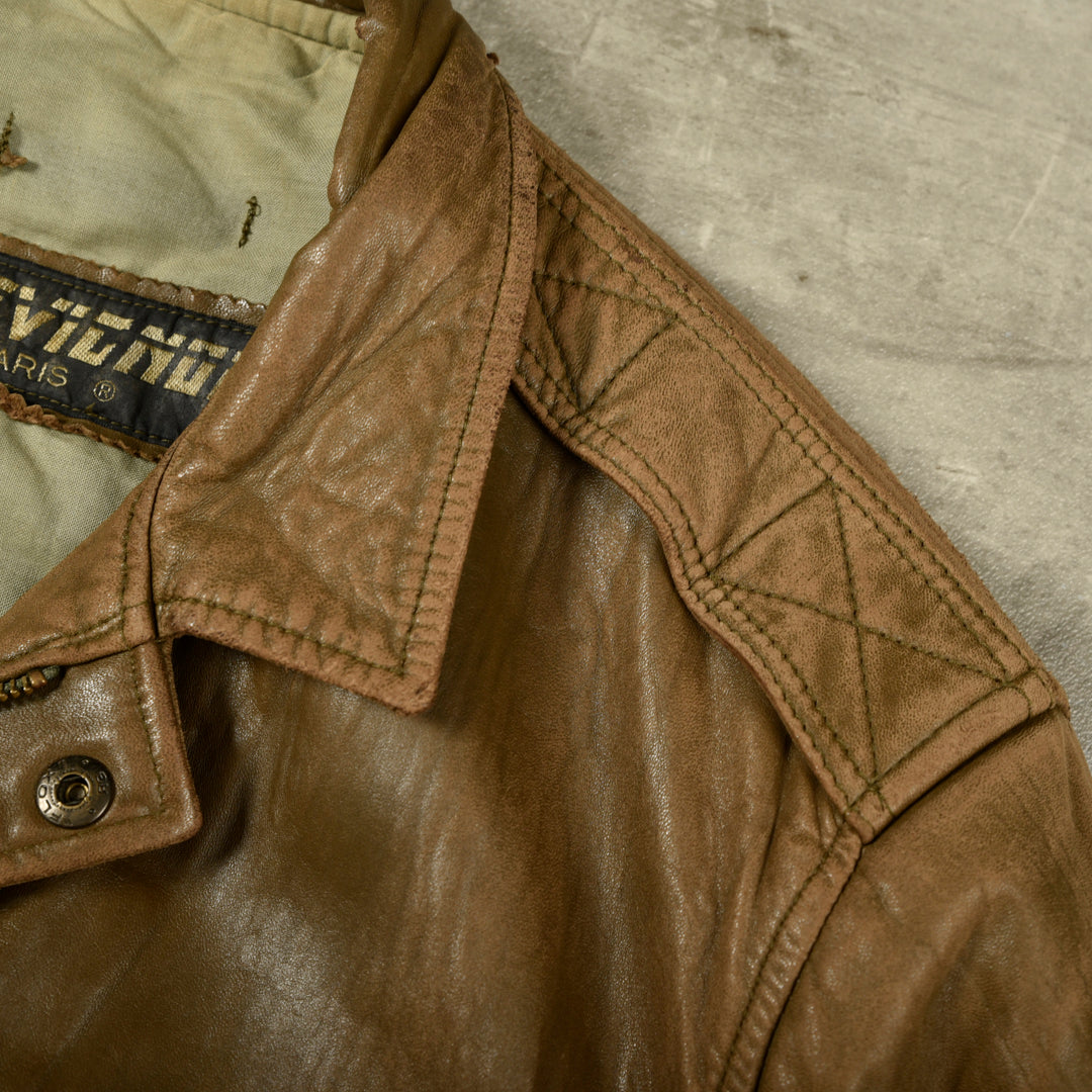 CHEVIGNON AVIATOR LEATHER BOMBER JACKET BROWN - M/L