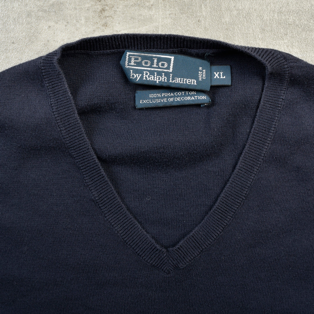 VINTAGE V NECK COTTON KNIT BLUE - XL