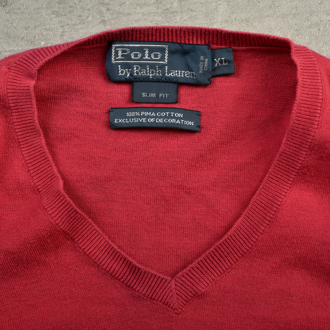 VINTAGE V NECK COTTON KNIT RED - XL