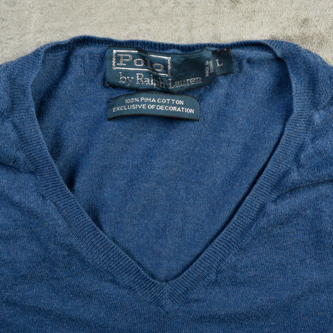 VINTAGE V NECK COTTON KNIT BLUE -  LARGE