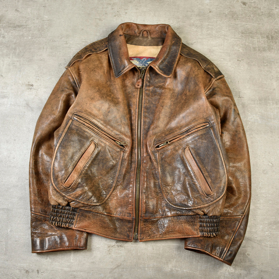 AVIATOR LEATHER JACKET FADED BROWN  - L/XL