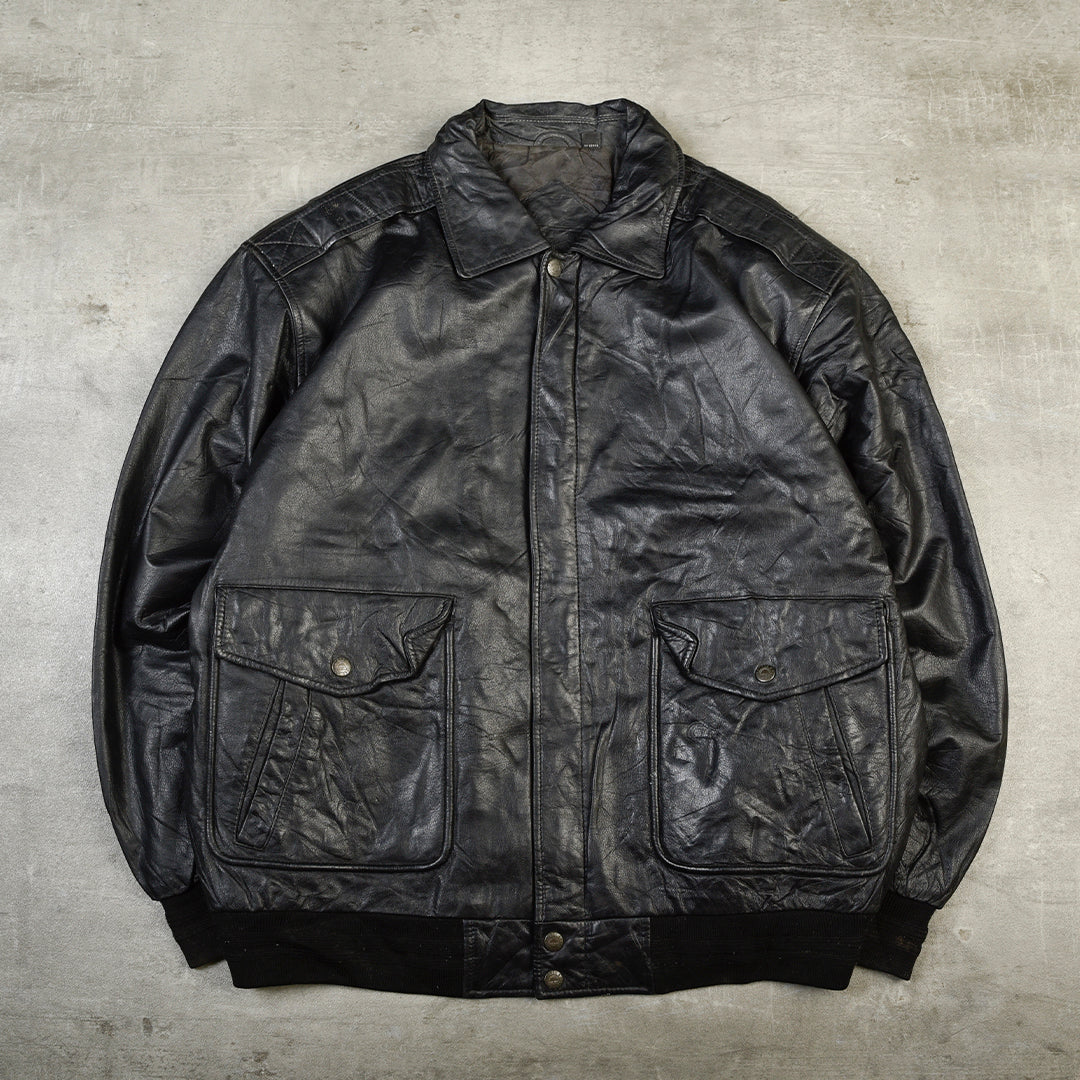 FLIGHT LEATHER BOMBER JACKET BLACK - L