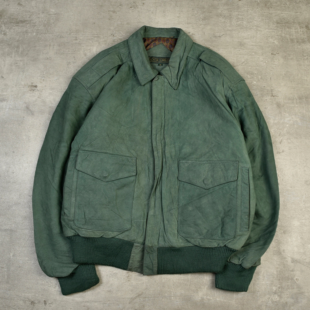 VINTAGE LEATHER BOMBER JACKET GREEN -  M